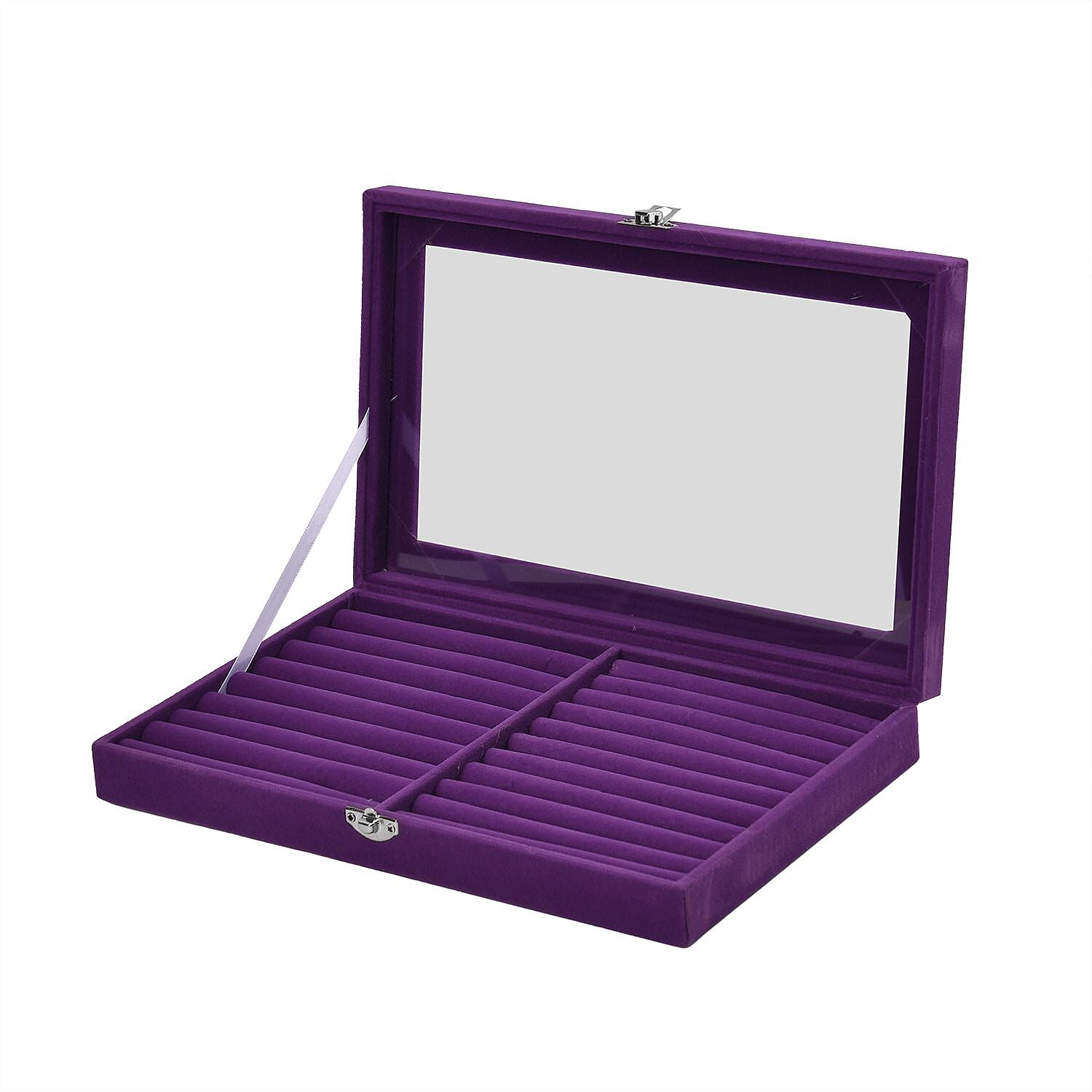 Portable Velvet Ring Box with Glass Window (Half Big & Small Ring Rows) (Size - 29x18x4 cm) - Purple
