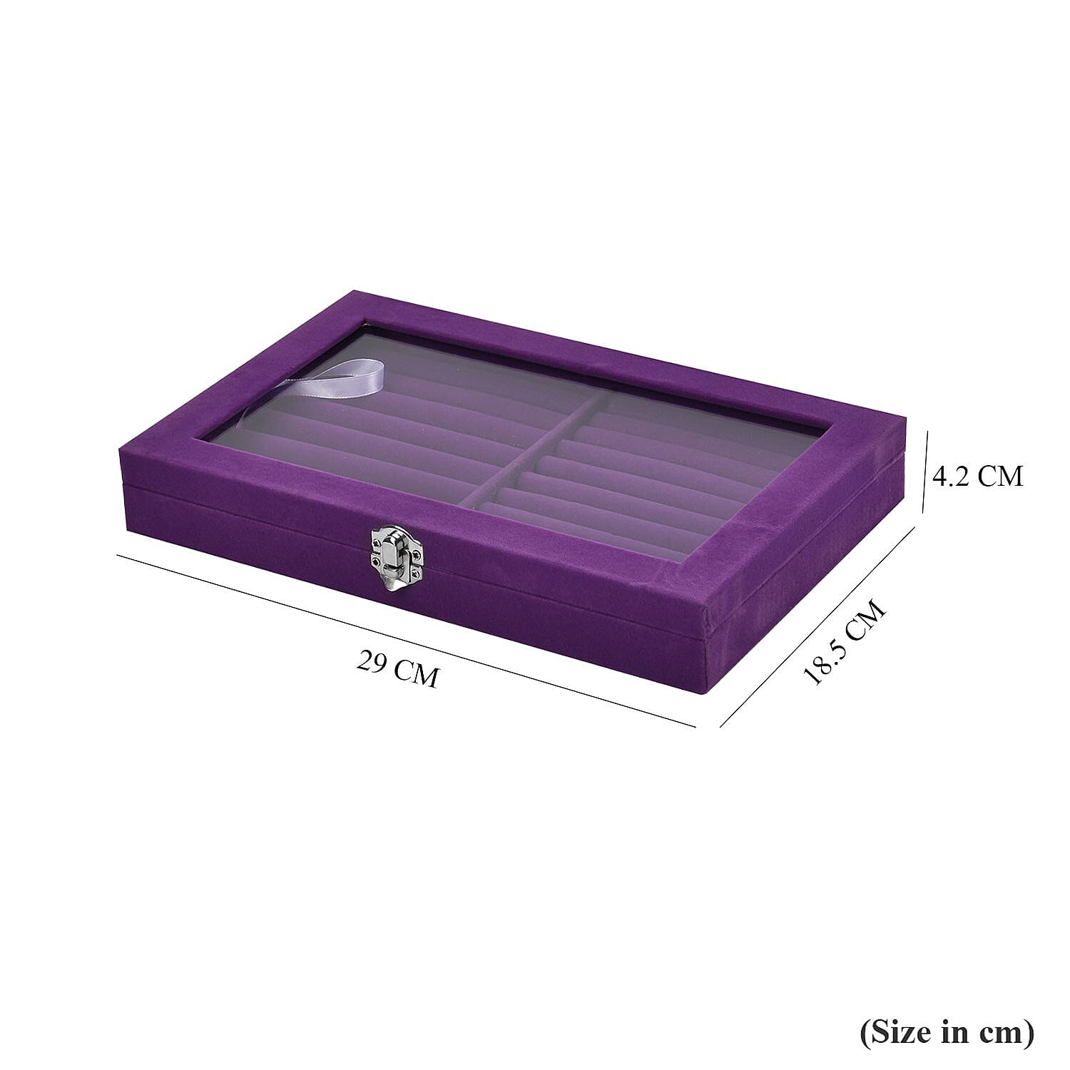 Portable Velvet Ring Box with Glass Window (Half Big & Small Ring Rows) (Size - 29x18x4 cm) - Purple