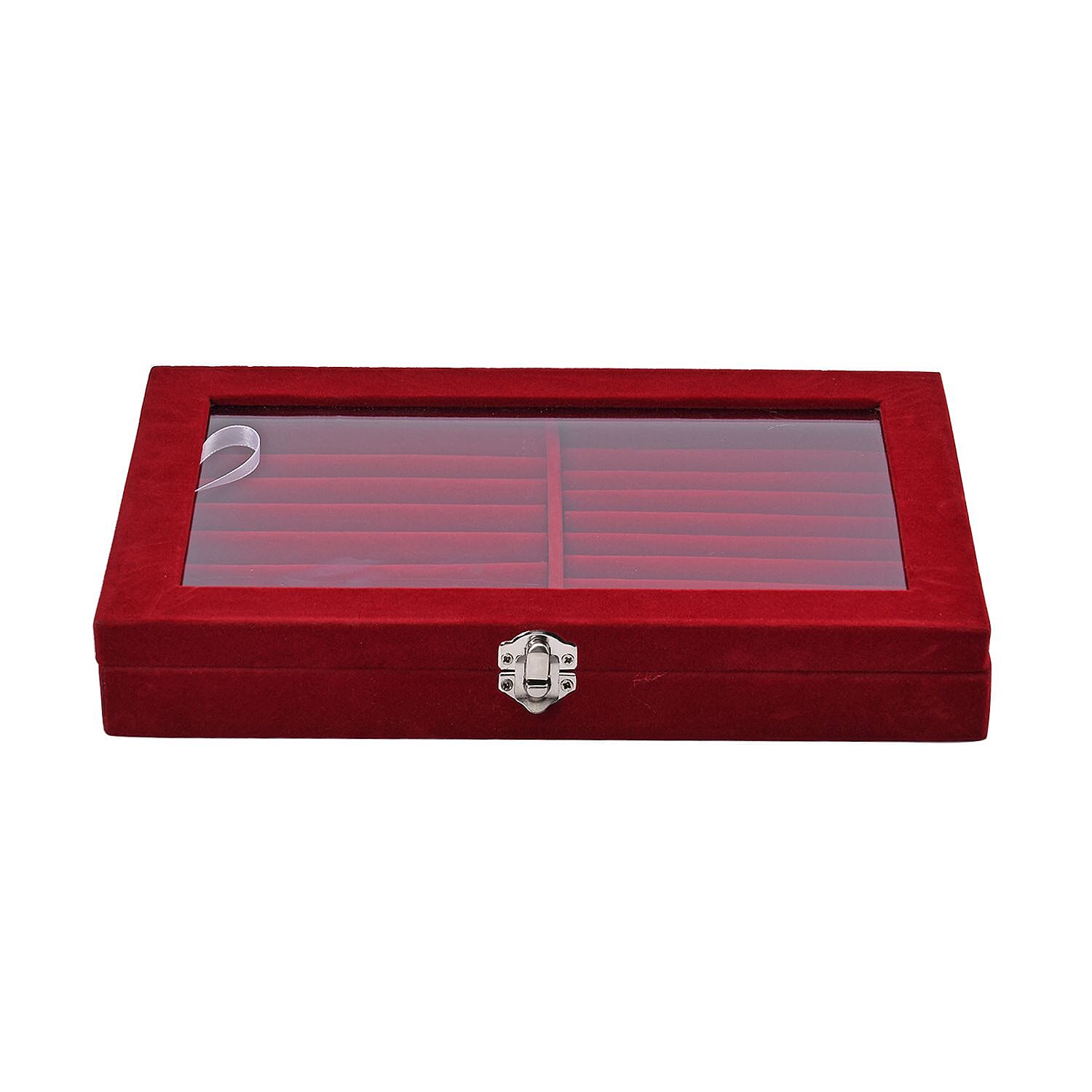Portable Velvet Ring Box with Glass Window (Half Big & Small Ring Rows) (Size - 29x18x4 cm) - Burgandy