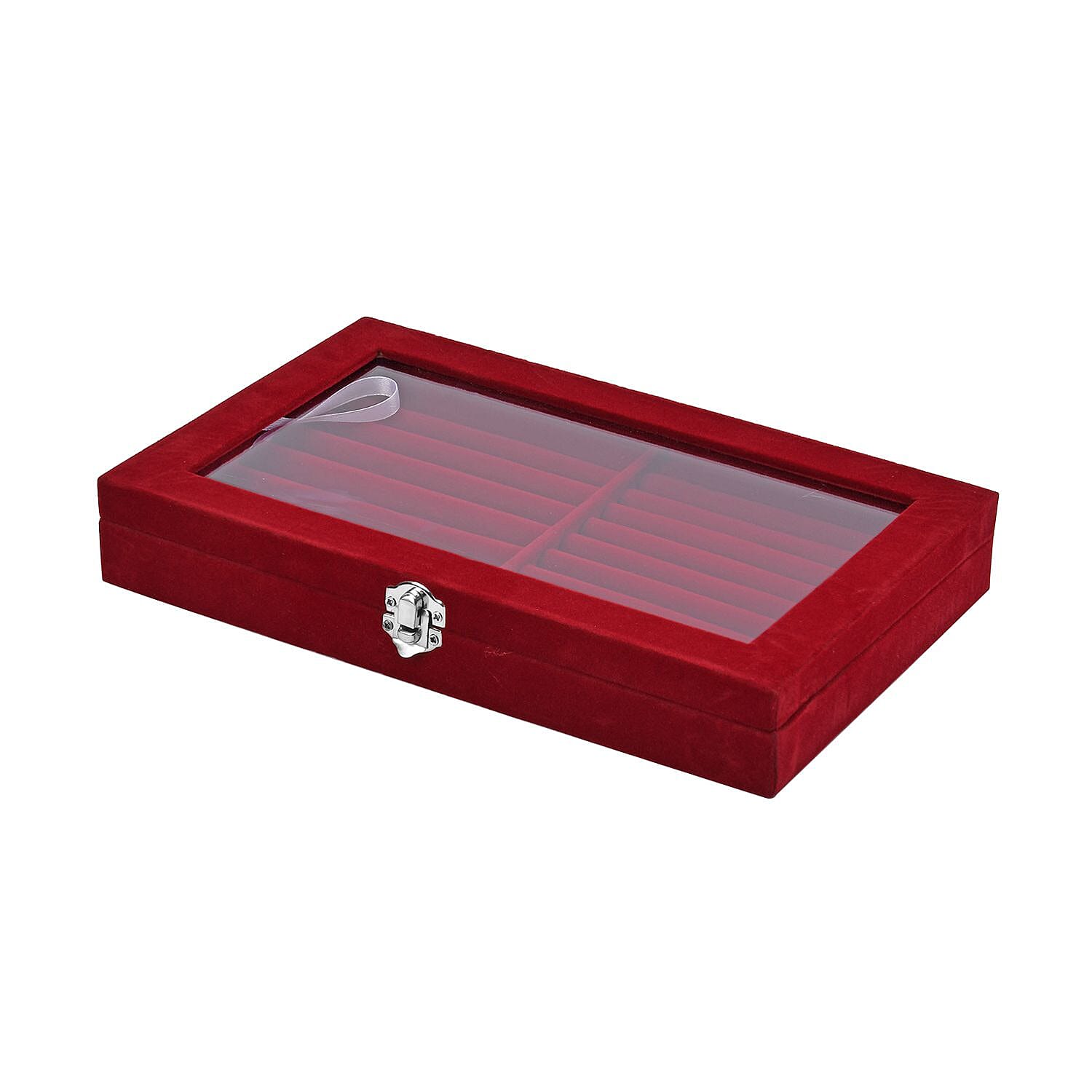 Portable Velvet Ring Box with Glass Window (Half Big & Small Ring Rows) (Size - 29x18x4 cm) - Burgandy