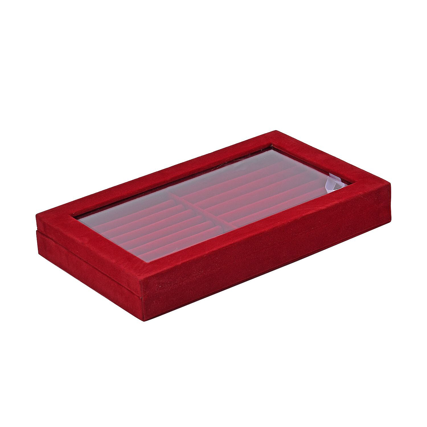 Portable Velvet Ring Box with Glass Window (Half Big & Small Ring Rows) (Size - 29x18x4 cm) - Burgandy