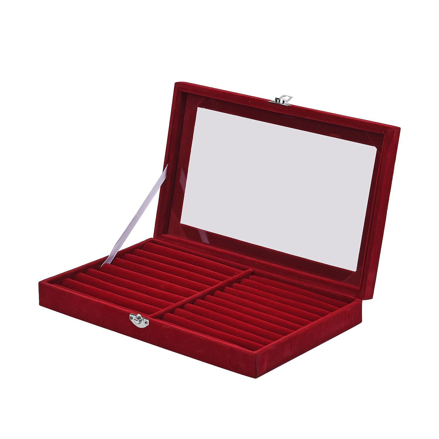 Portable Velvet Ring Box with Glass Window (Half Big & Small Ring Rows) (Size - 29x18x4 cm) - Burgandy