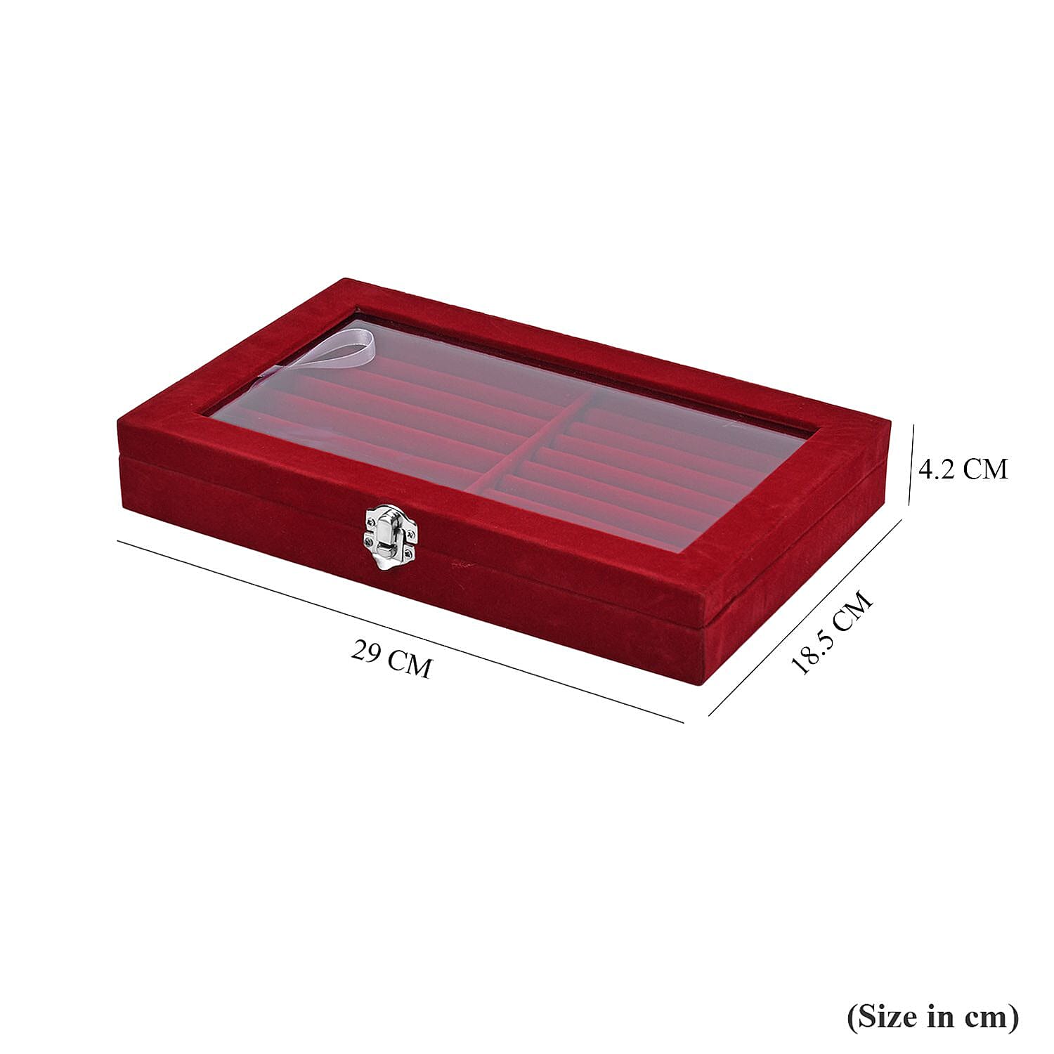 Portable Velvet Ring Box with Glass Window (Half Big & Small Ring Rows) (Size - 29x18x4 cm) - Burgandy