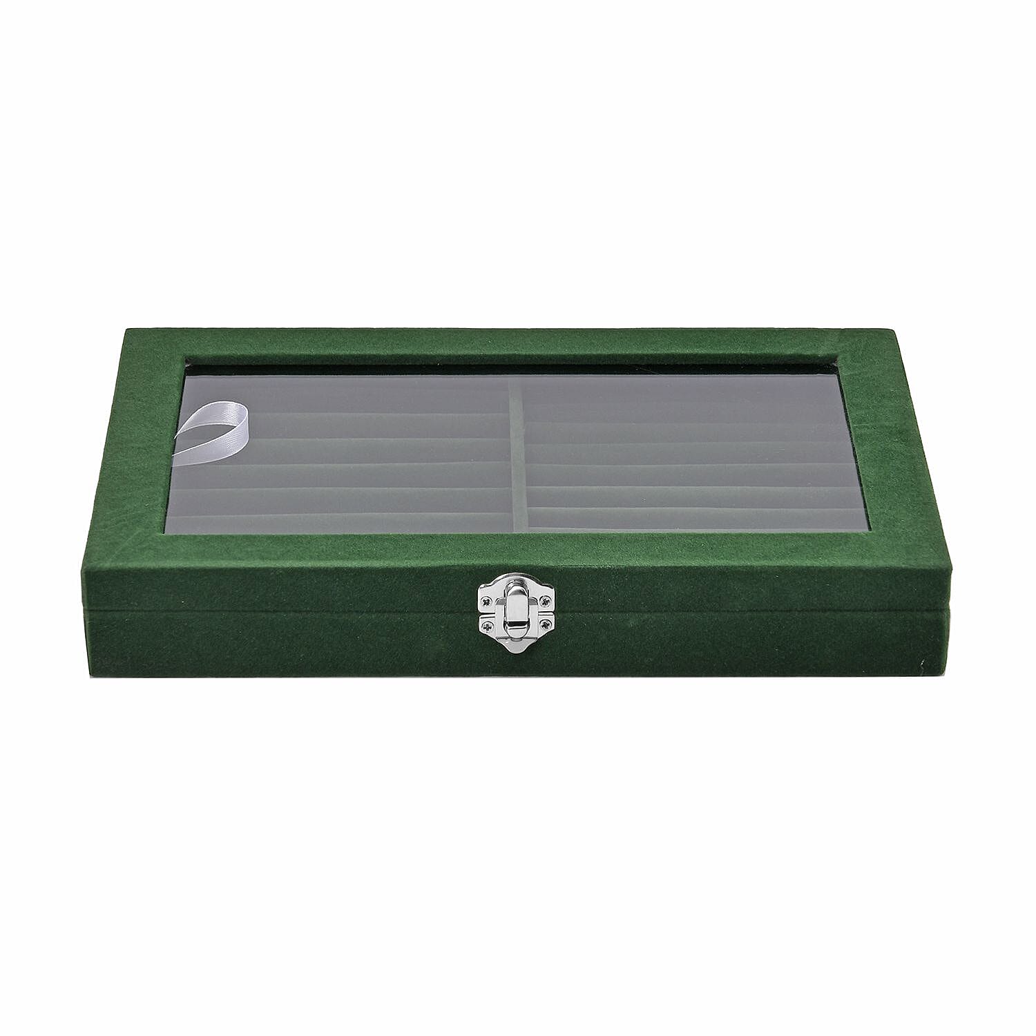 Portable Velvet Ring Box with Glass Window (Half Big & Small Ring Rows) (Size - 29x18x4 cm) - Olive Green