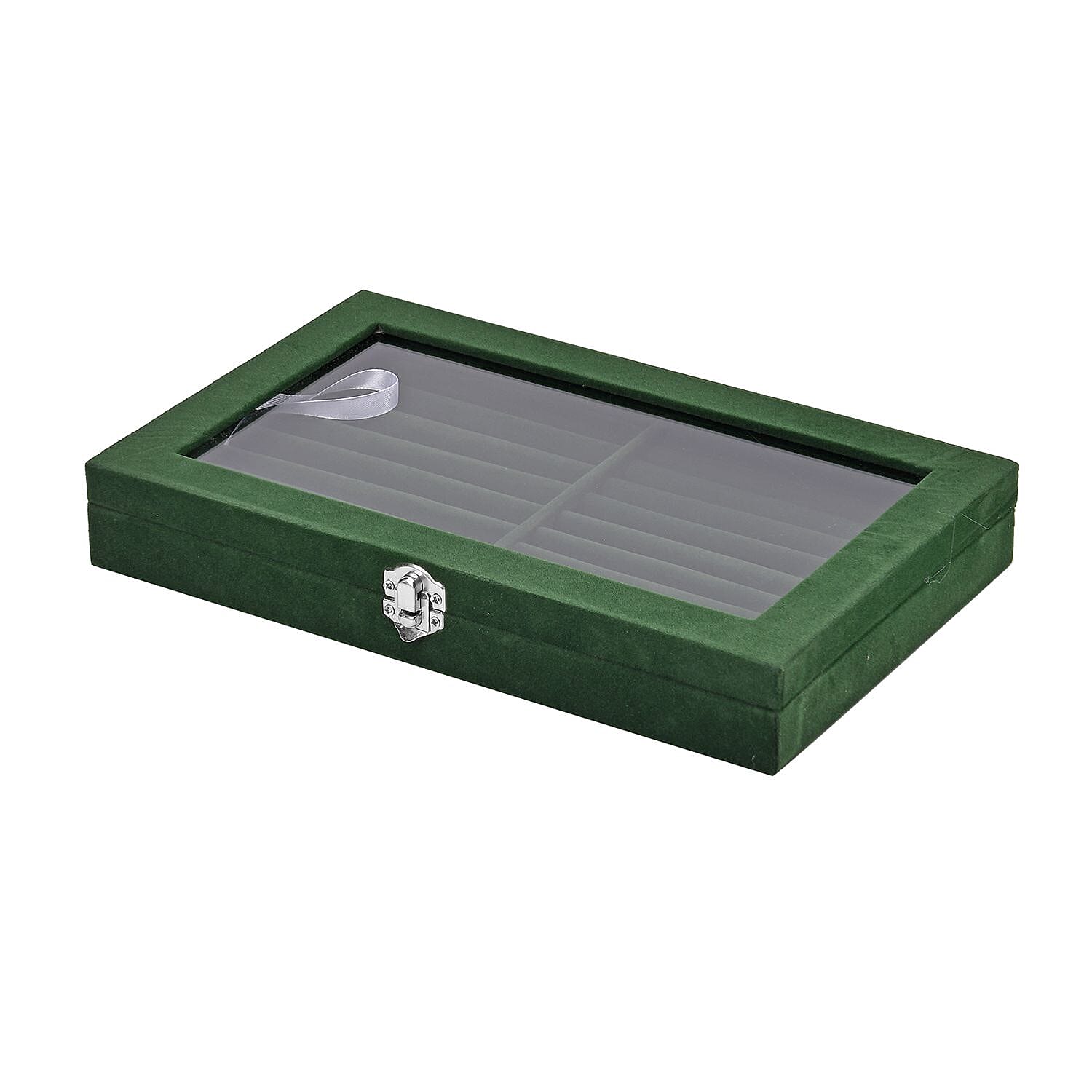 Portable Velvet Ring Box with Glass Window (Half Big & Small Ring Rows) (Size - 29x18x4 cm) - Olive Green