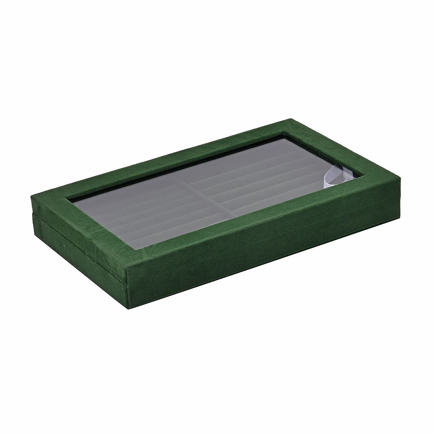 Portable Velvet Ring Box with Glass Window (Half Big & Small Ring Rows) (Size - 29x18x4 cm) - Olive Green
