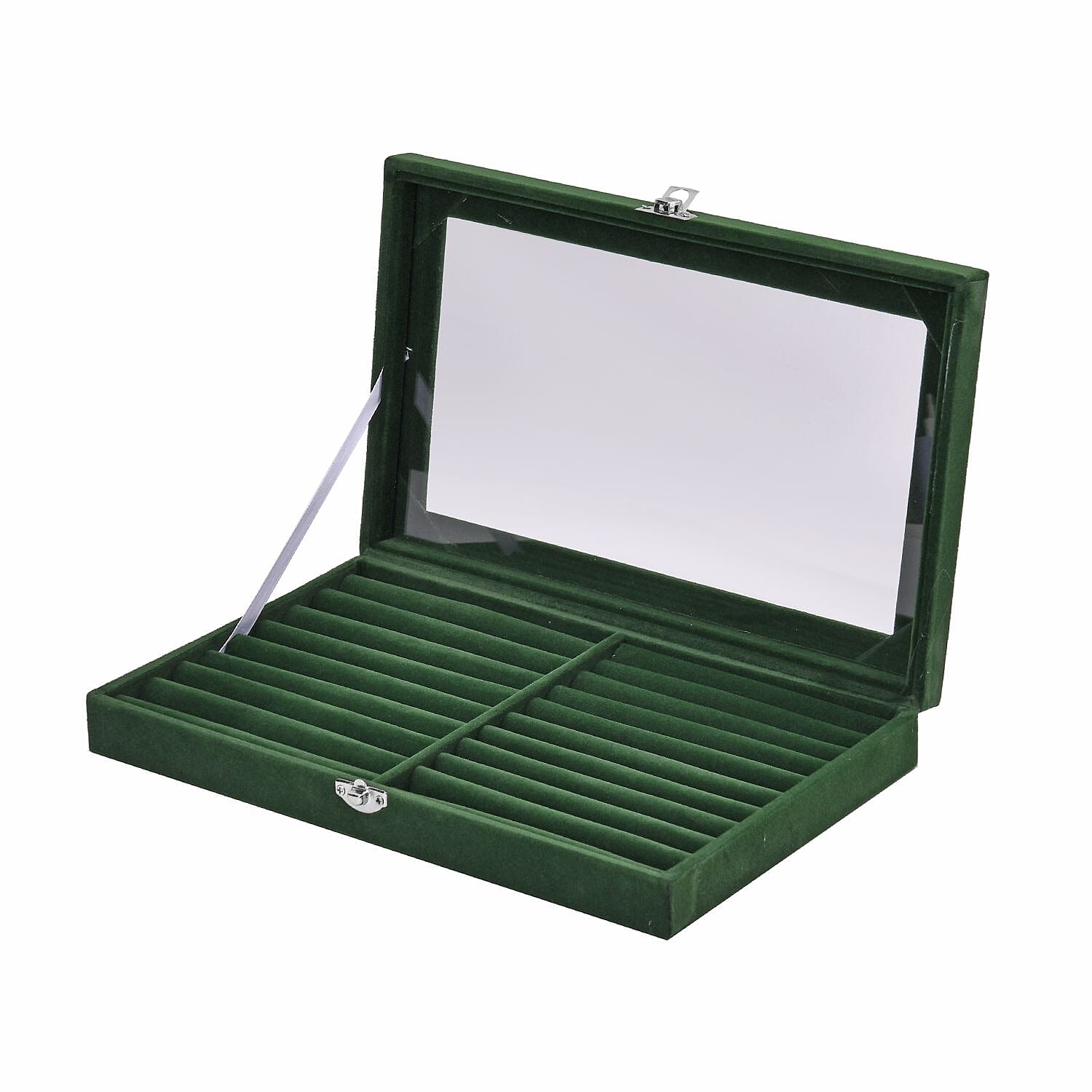 Portable Velvet Ring Box with Glass Window (Half Big & Small Ring Rows) (Size - 29x18x4 cm) - Olive Green