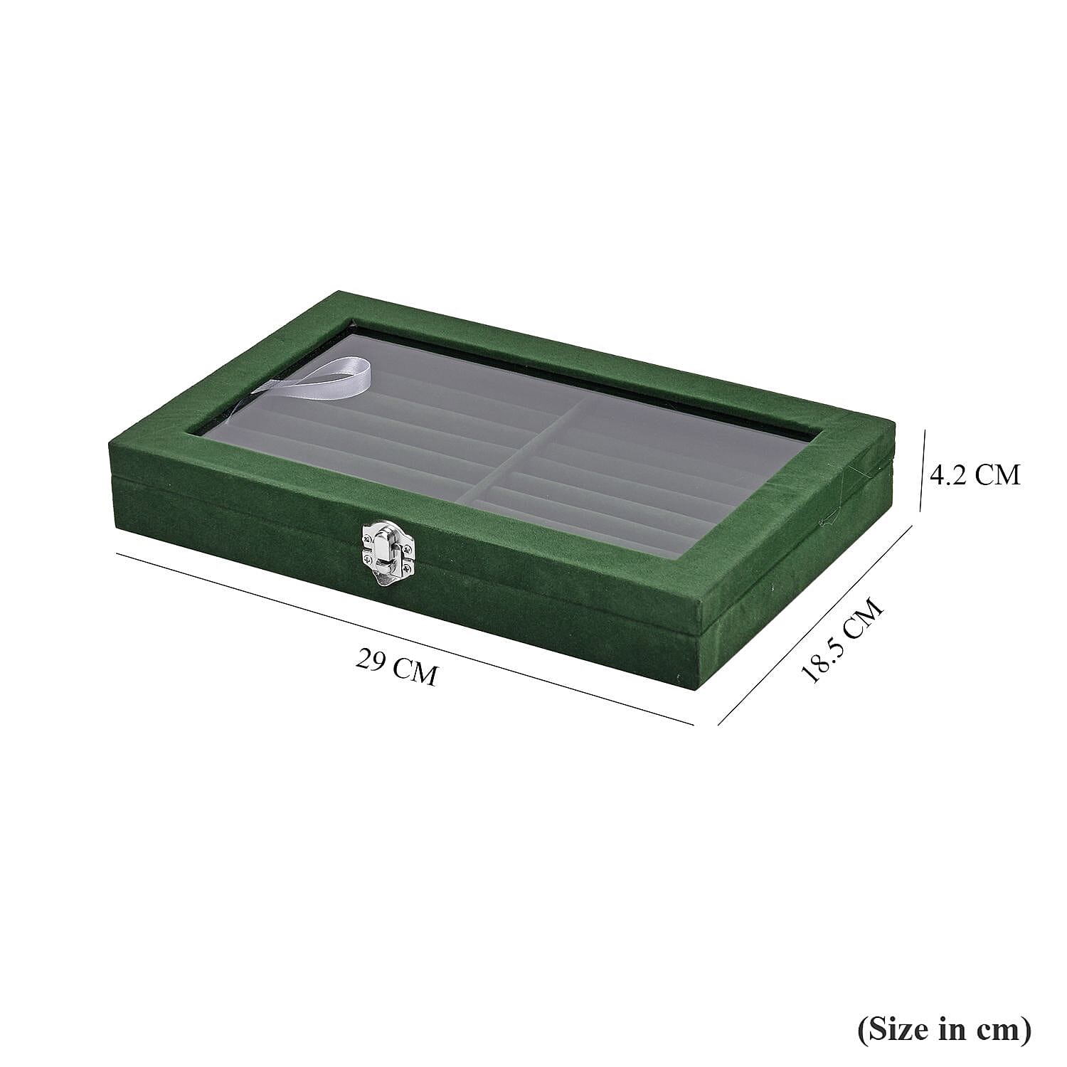 Portable Velvet Ring Box with Glass Window (Half Big & Small Ring Rows) (Size - 29x18x4 cm) - Olive Green