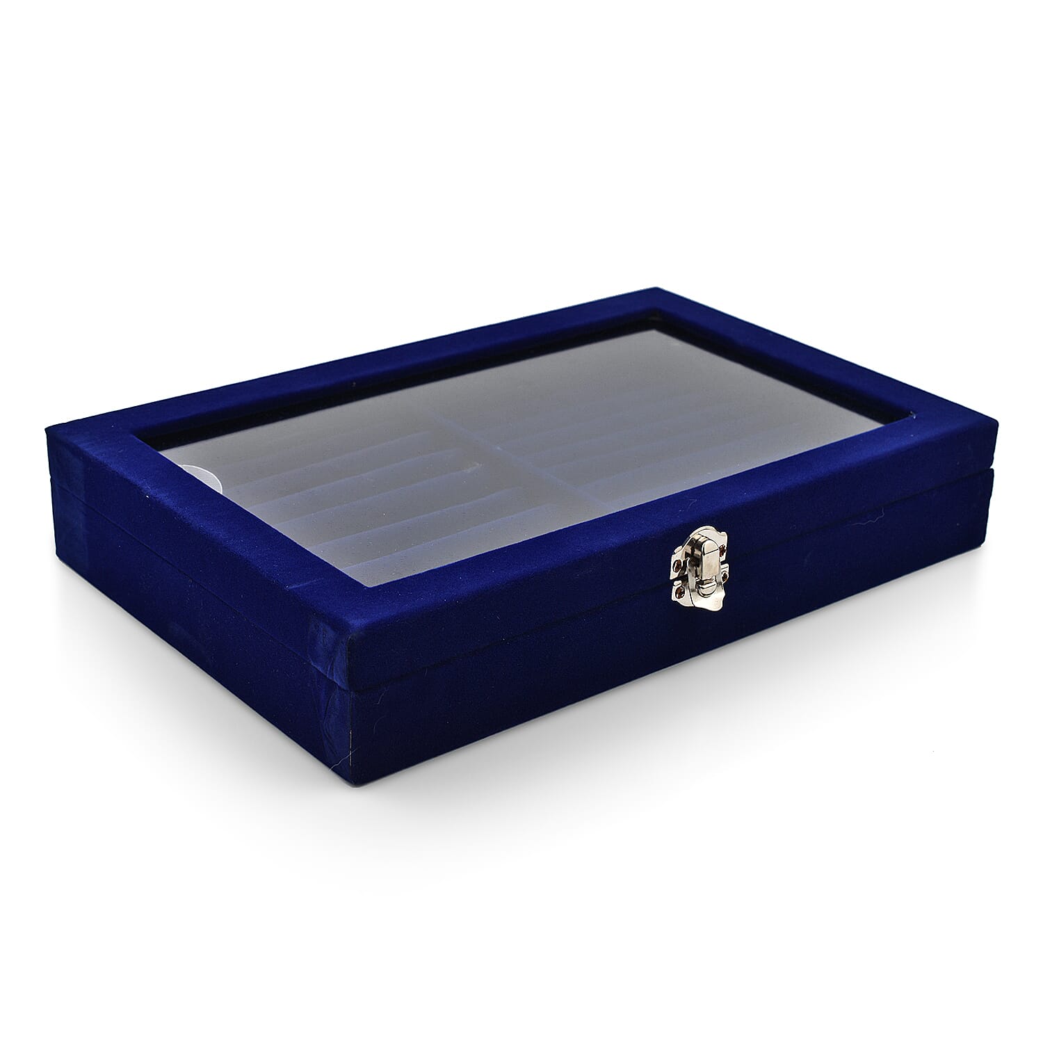 Portable Velvet Ring Box with Glass Window (Half Big & Small Ring Rows) (Size - 29x18x4 cm) - Royal Blue