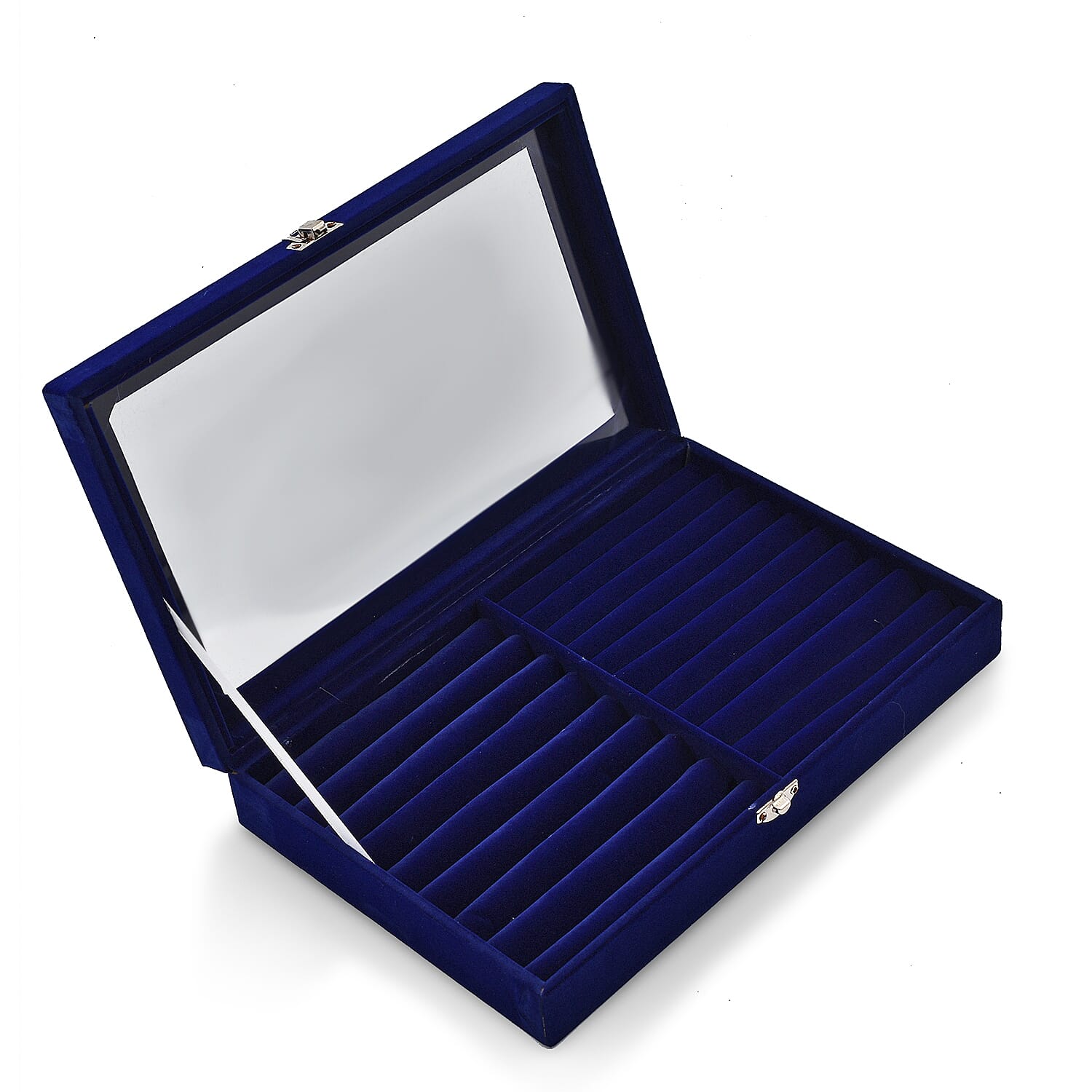 Portable Velvet Ring Box with Glass Window (Half Big & Small Ring Rows) (Size - 29x18x4 cm) - Royal Blue