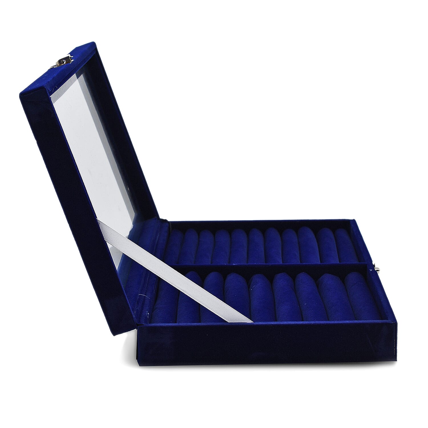 Portable Velvet Ring Box with Glass Window (Half Big & Small Ring Rows) (Size - 29x18x4 cm) - Royal Blue