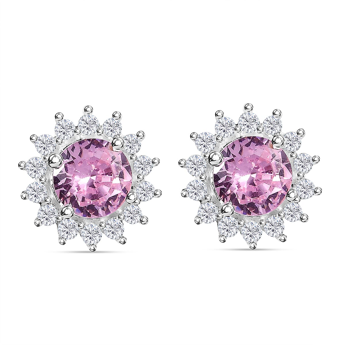 NY Closeout - Cubic Zirconia Pink Sapphire and Simulated Diamond Halo Stud Earrings in Sterling Silver