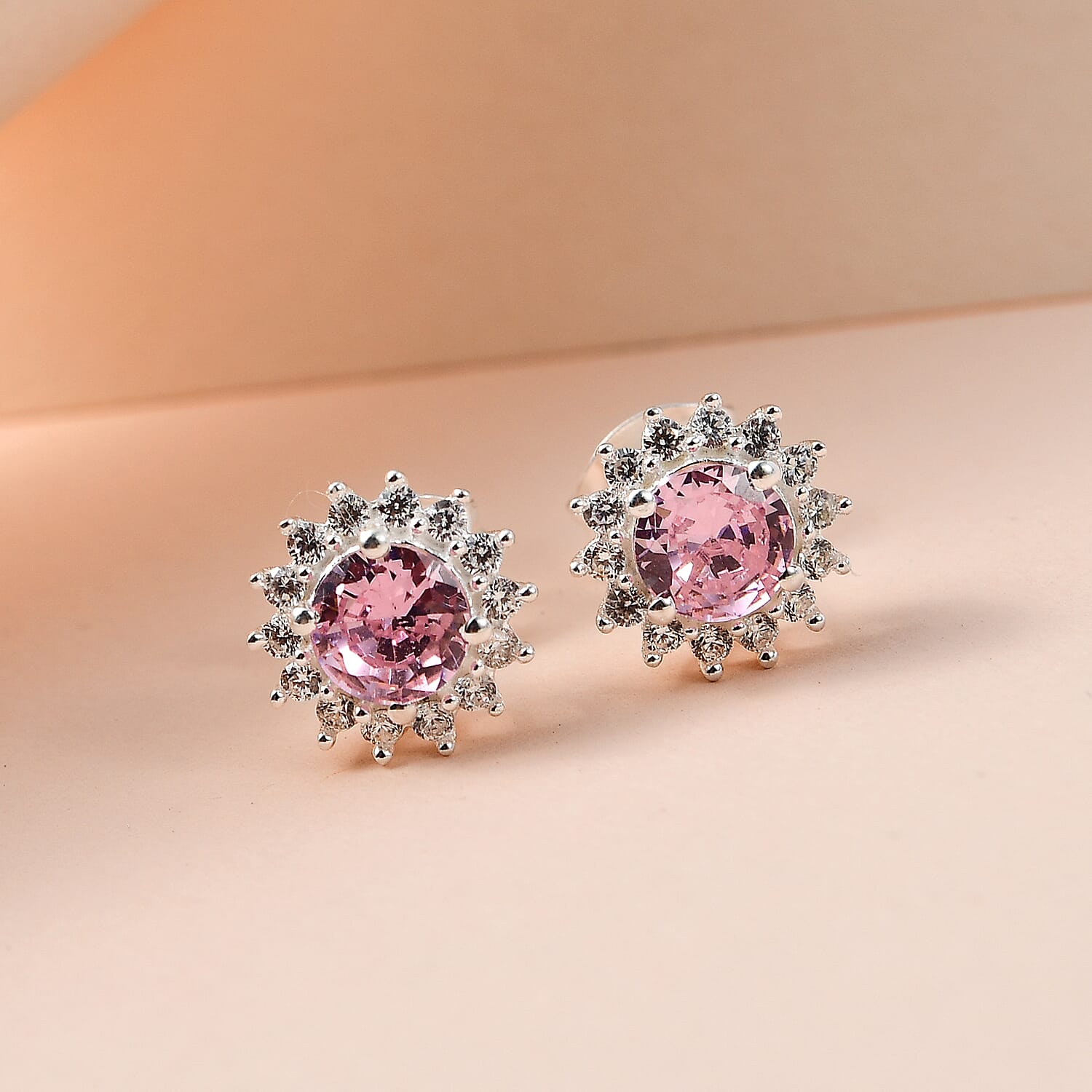 NY Closeout - Cubic Zirconia Pink Sapphire and Simulated Diamond Halo Stud Earrings in Sterling Silver