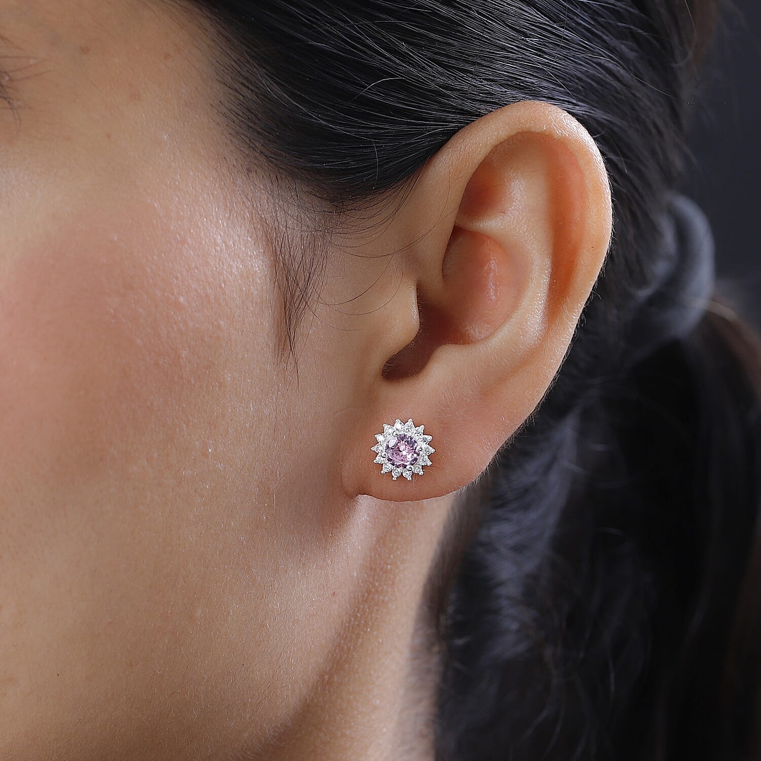 NY Closeout - Cubic Zirconia Pink Sapphire and Simulated Diamond Halo Stud Earrings in Sterling Silver