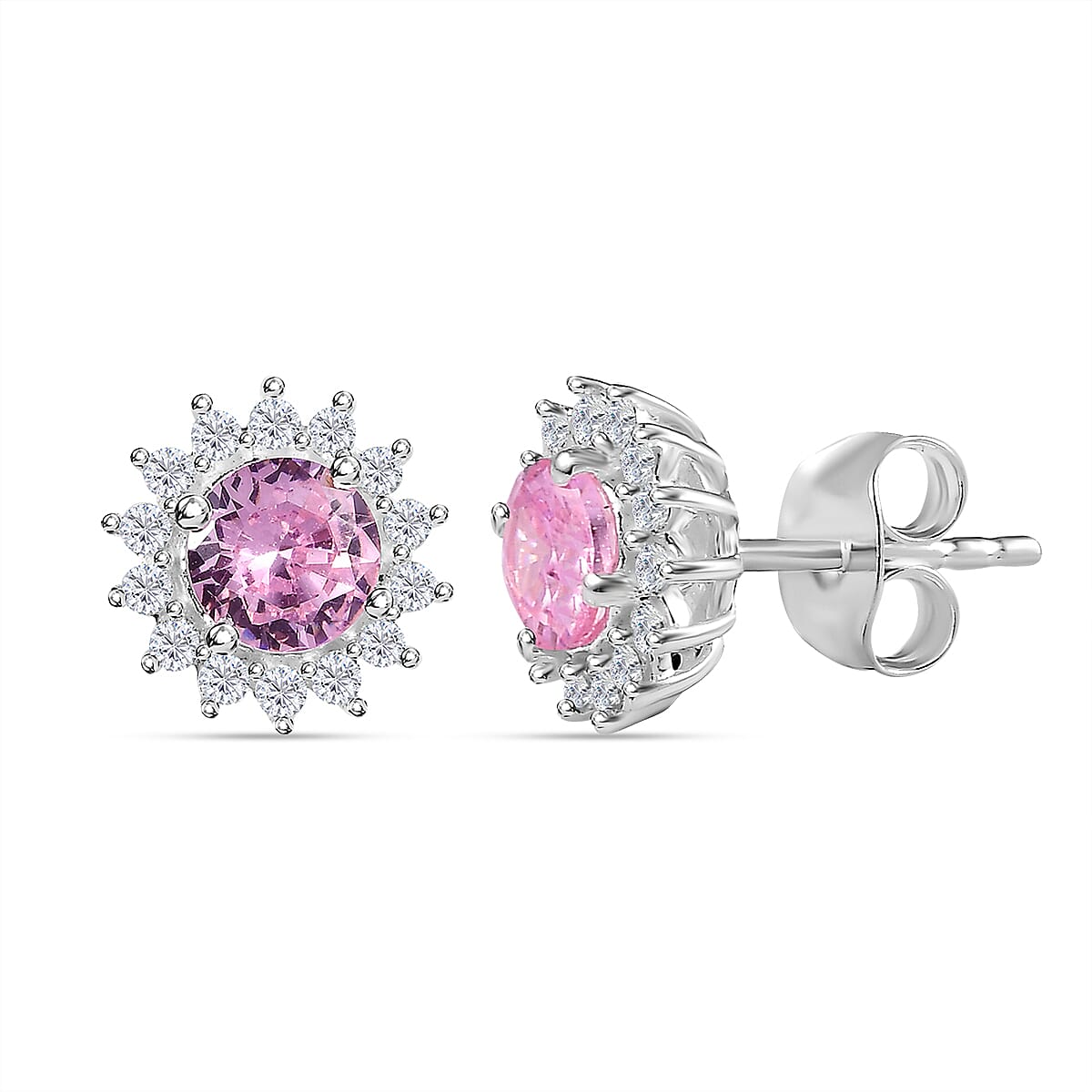 NY Closeout - Cubic Zirconia Pink Sapphire and Simulated Diamond Halo Stud Earrings in Sterling Silver