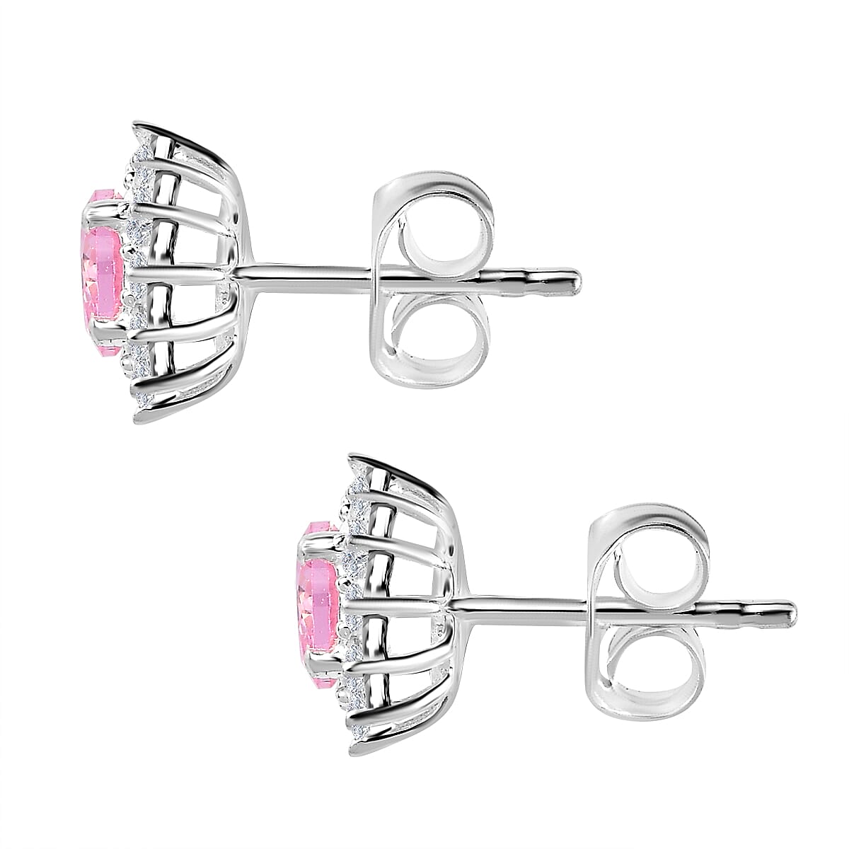 NY Closeout - Cubic Zirconia Pink Sapphire and Simulated Diamond Halo Stud Earrings in Sterling Silver