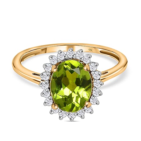 9K Yellow Gold Hebei Peridot & Moissanite Halo Ring 1.90 Ct 9K Yellow Gold Hebei Peridot & Moissanite Halo Ring 1.90 Ct