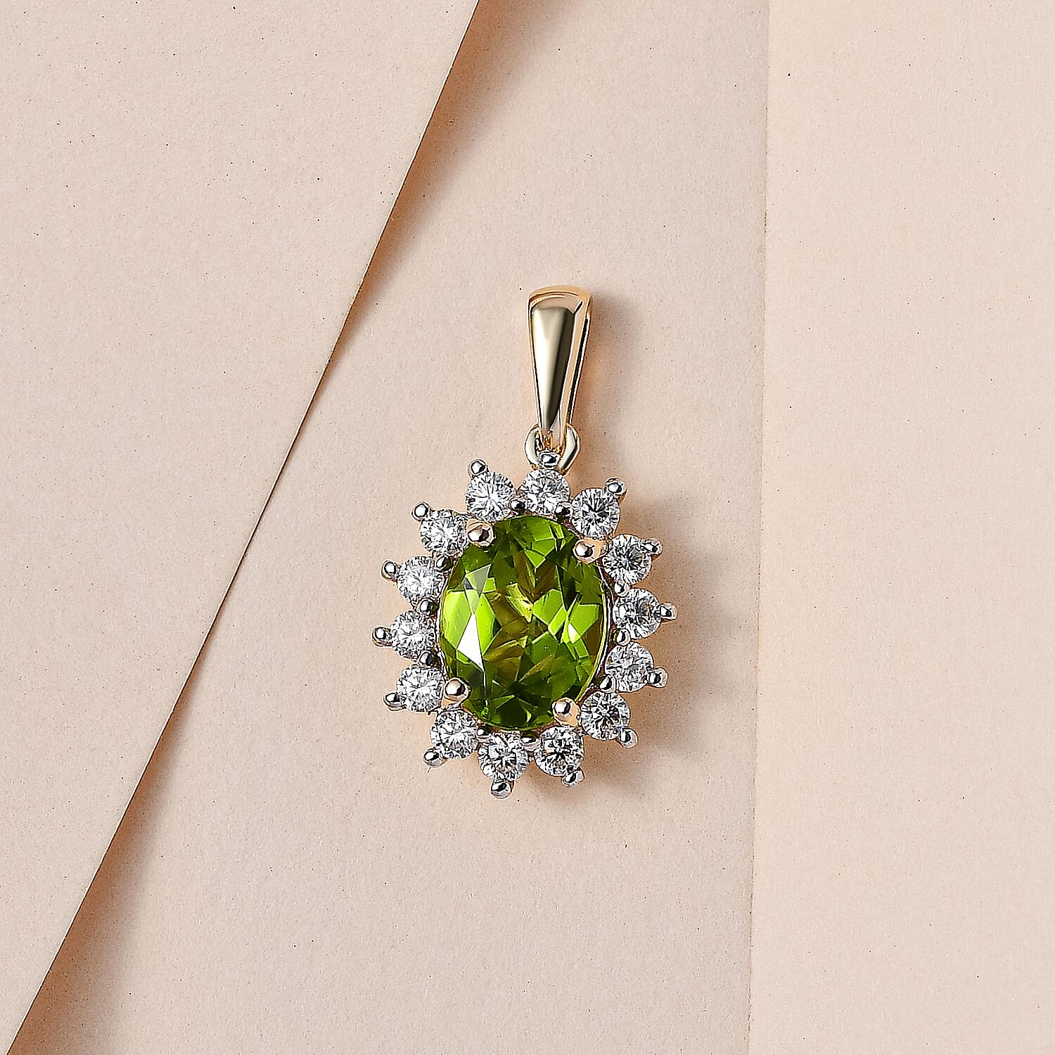 9K Yellow Gold Hebei Peridot & Moissanite Halo Pendant 2.09 Ct