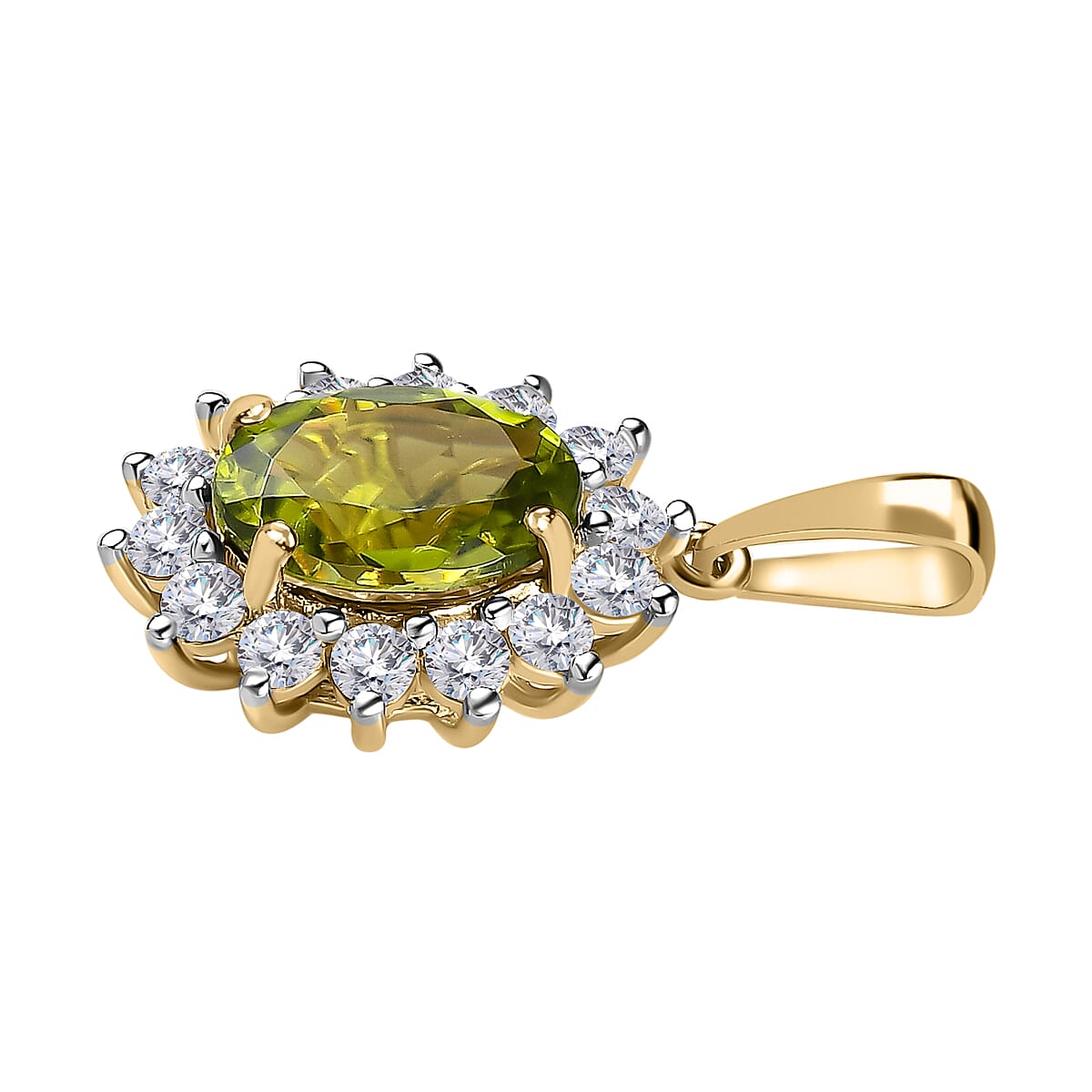 9K Yellow Gold Hebei Peridot & Moissanite Halo Pendant 2.09 Ct