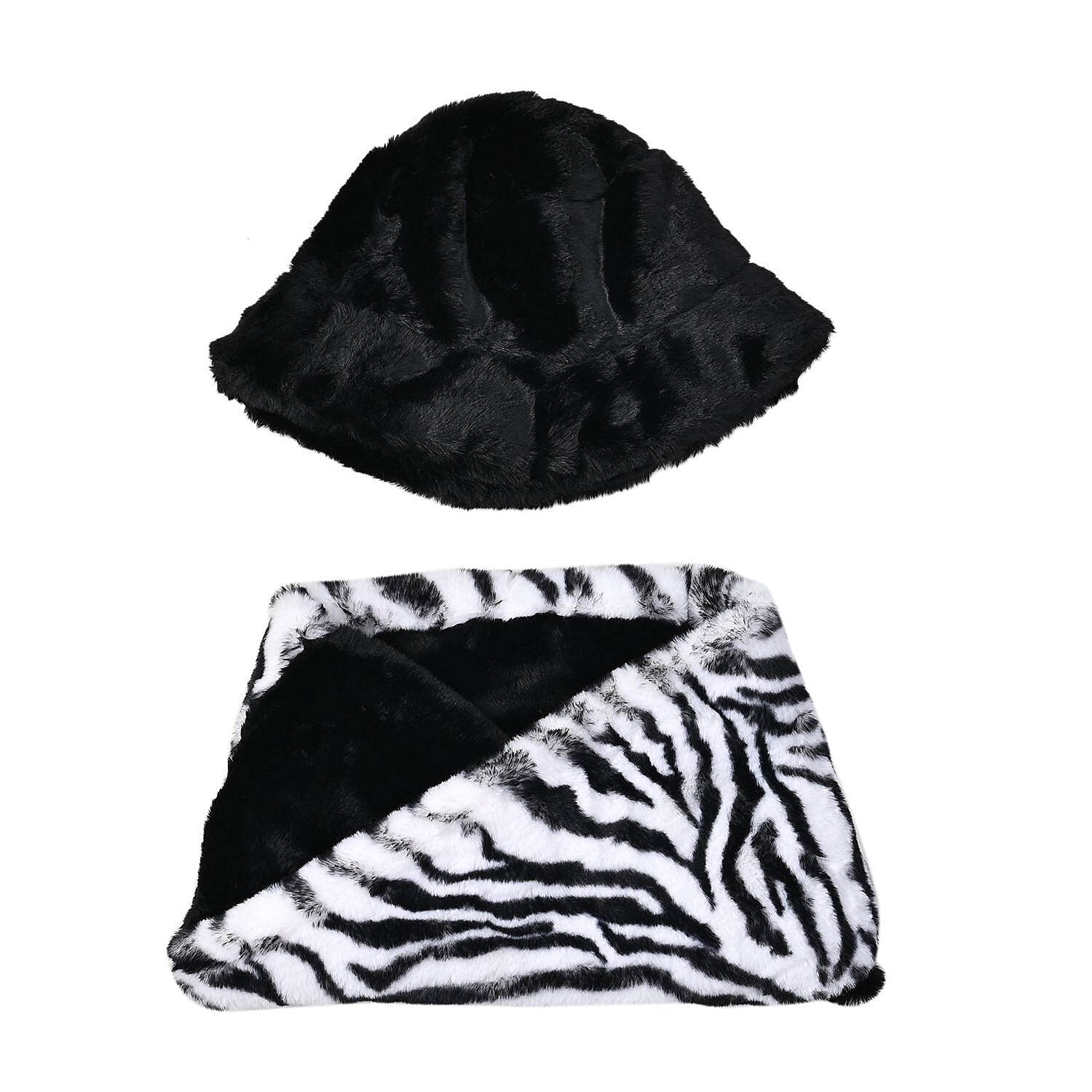 Faux Fur Zebra Pattern Hat and Scarf - Black & White