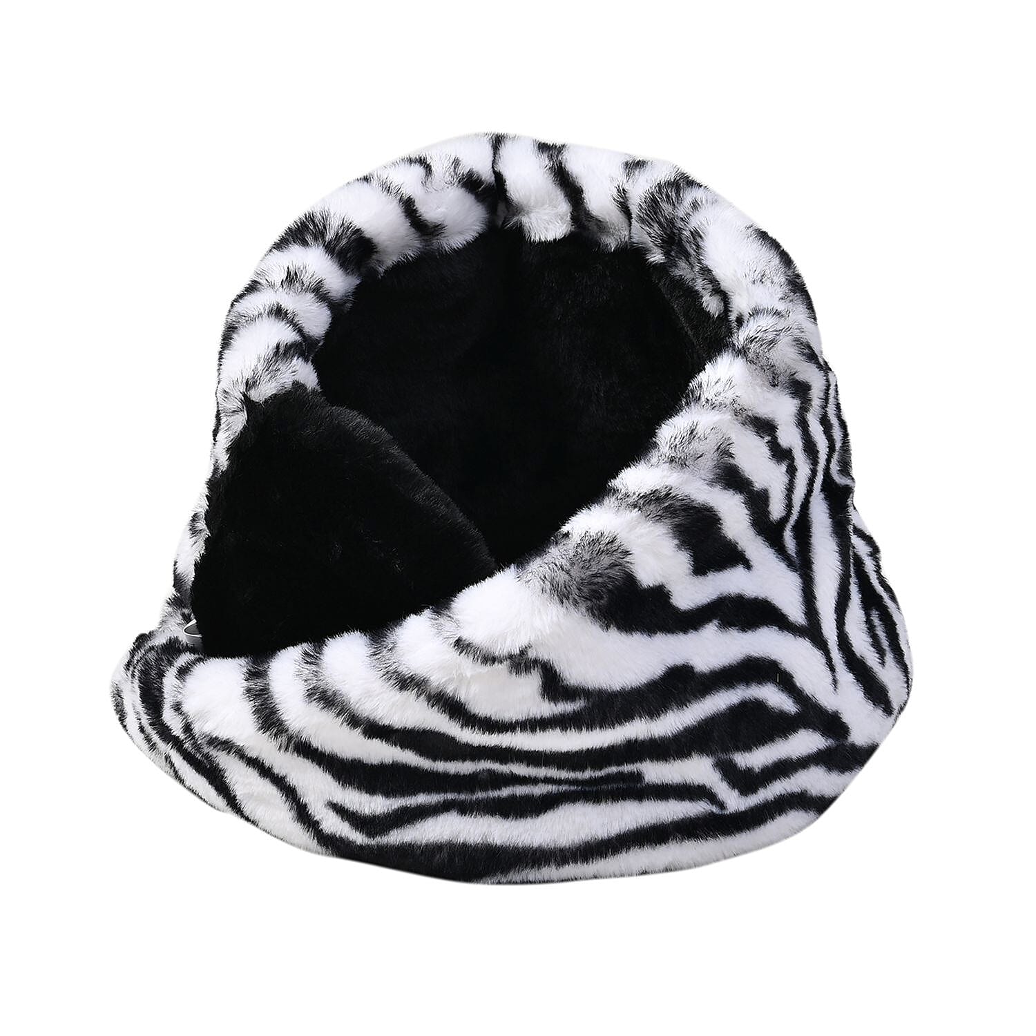 Faux Fur Zebra Pattern Hat and Scarf - Black & White