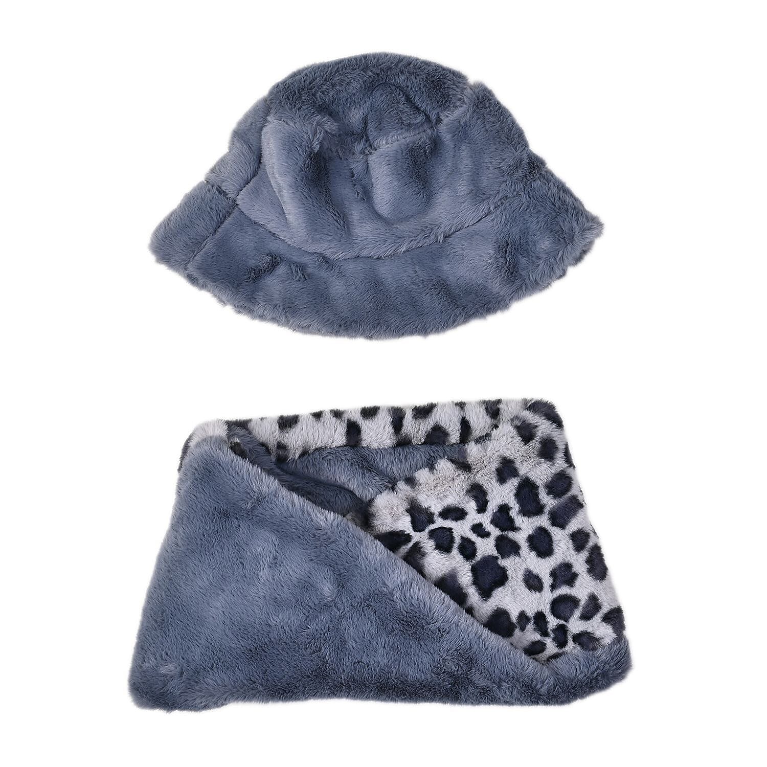 Faux Fur Snow Leopard Pattern Hat and Scarf - Grey
