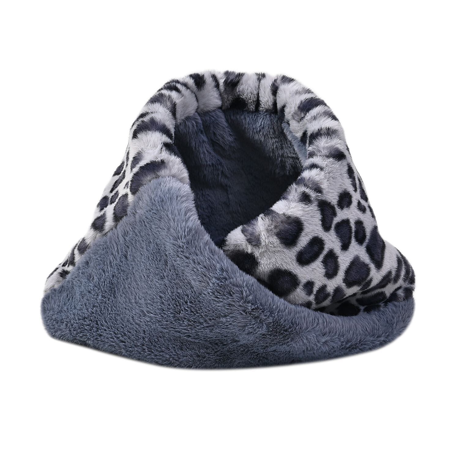 Faux Fur Snow Leopard Pattern Hat and Scarf - Grey