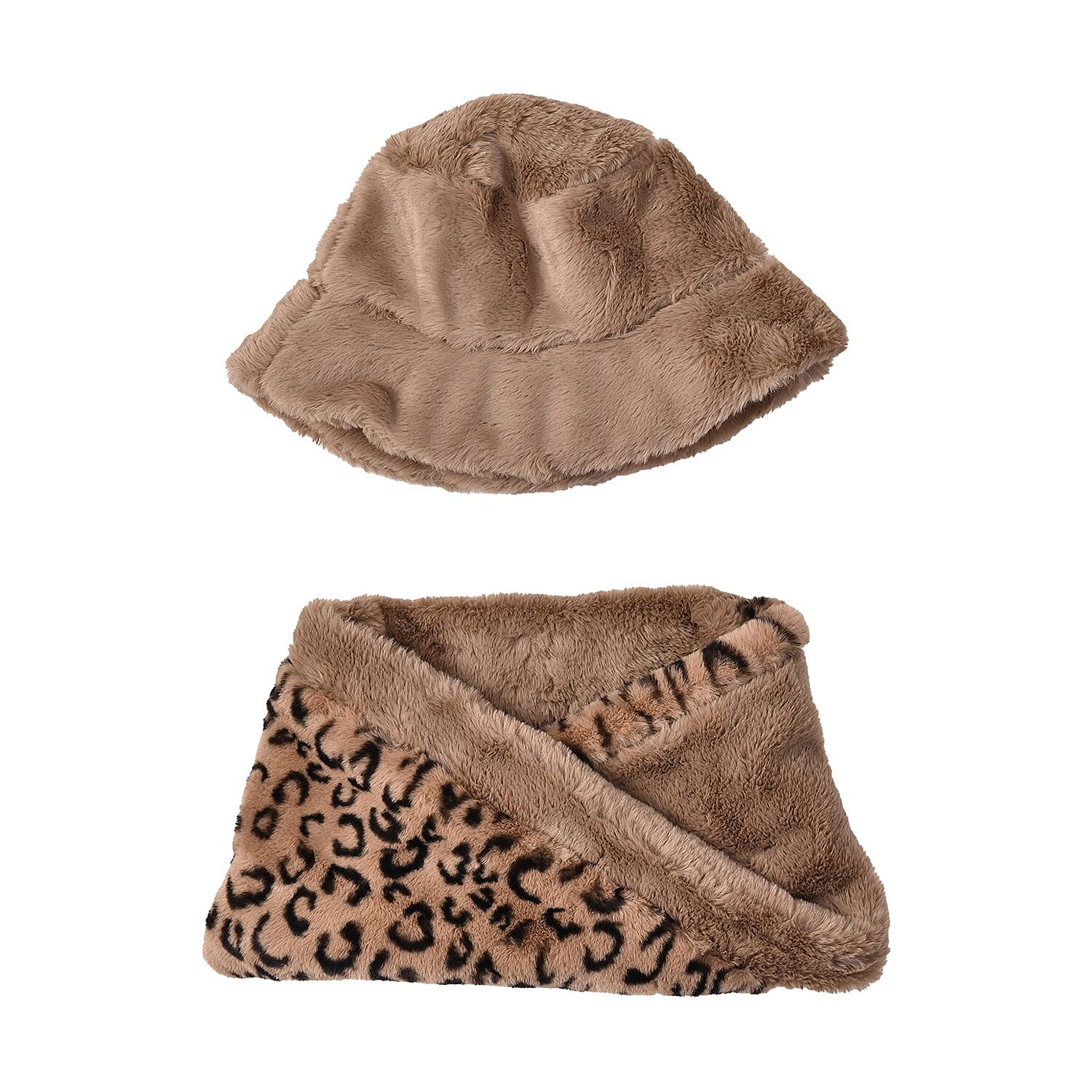 Faux Fur Leopard Pattern Hat and Scarf - Camel