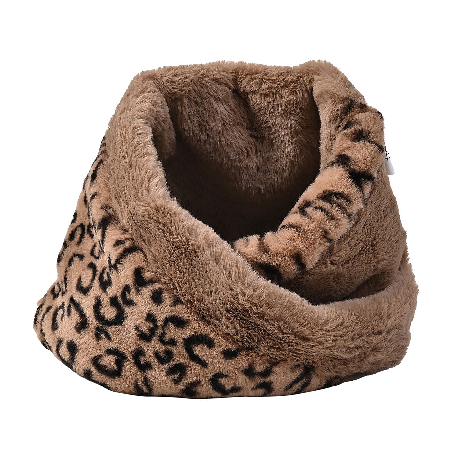 Faux Fur Leopard Pattern Hat and Scarf - Camel