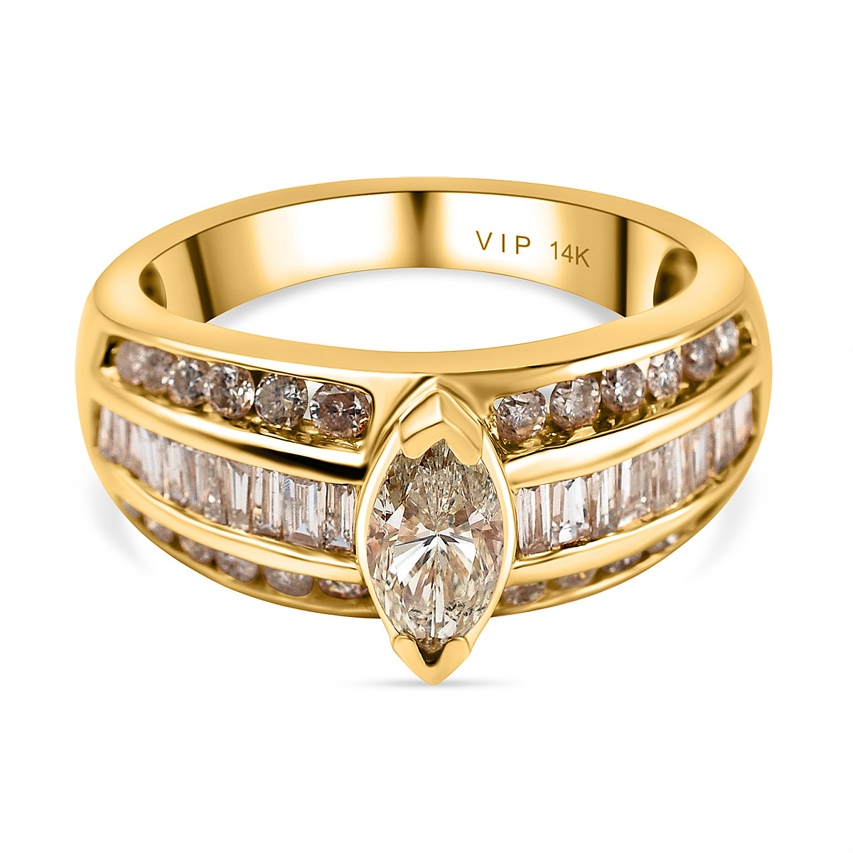 NY Close Out- 14K Yellow Gold Natural Yellow Diamond (Mrq. 0.62 Solitaire I1) and White Diamond (I1-G-H) Wedding Band Ring 1.50 Ct