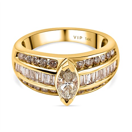 NY Close Out- 14K Yellow Gold Natural Yellow Diamond (Mrq. 0.62 Solitaire I1) and White Diamond (I1-G-H) Ring 1.50 Ct