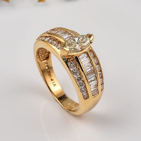 NY Close Out- 14K Yellow Gold Natural Yellow Diamond (Mrq. 0.62 Solitaire I1) and White Diamond (I1-G-H) Ring 1.50 Ct