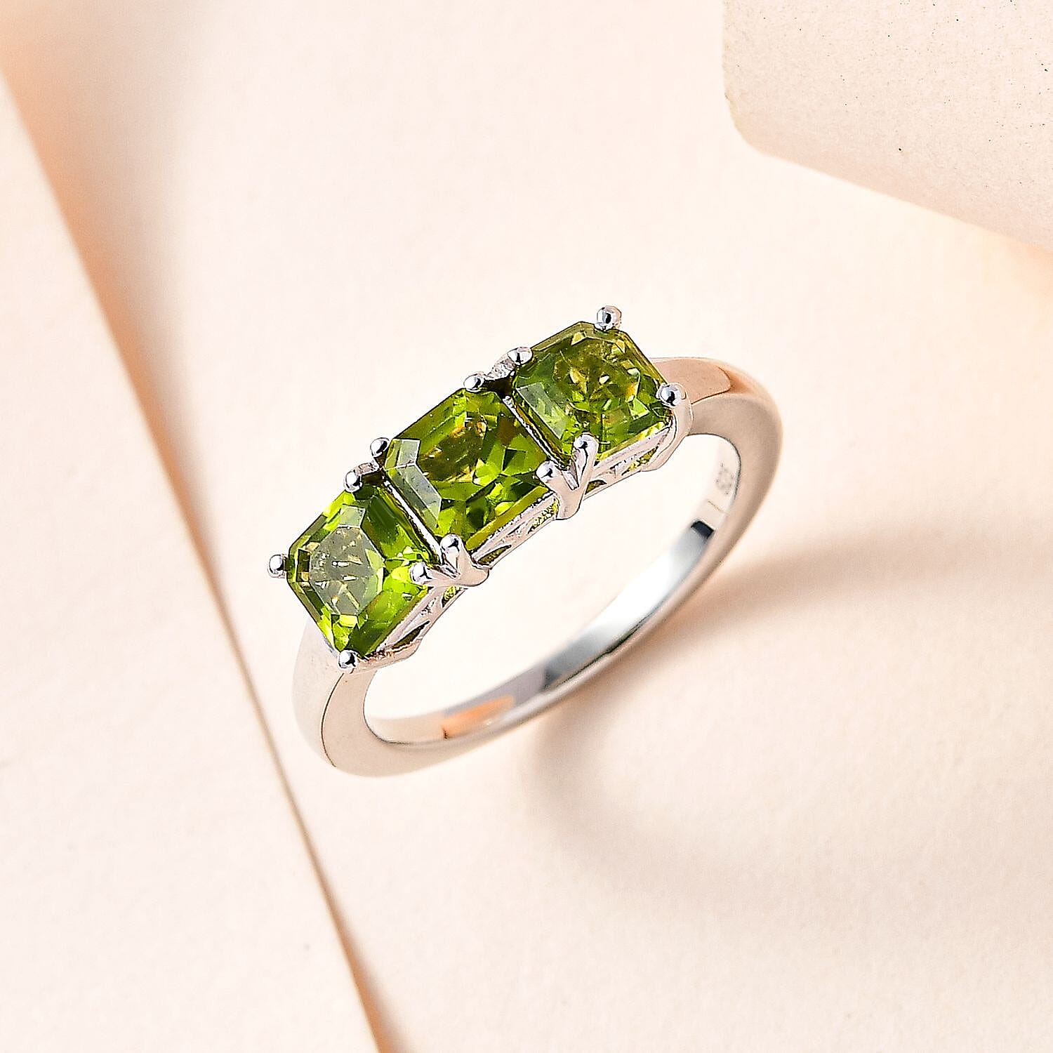 Peridot Arizona 3 Stone Ring in Platinum Overlay Sterling Silver 2.12 Ct