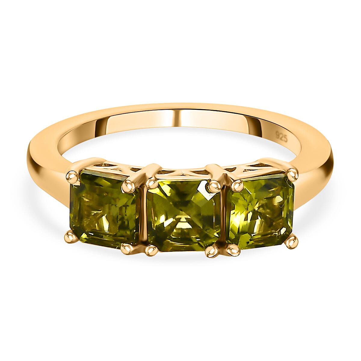 Peridot Arizona 3 Stone Ring in Yellow Gold Vermeil Plated Sterling Silver 2.11 Ct