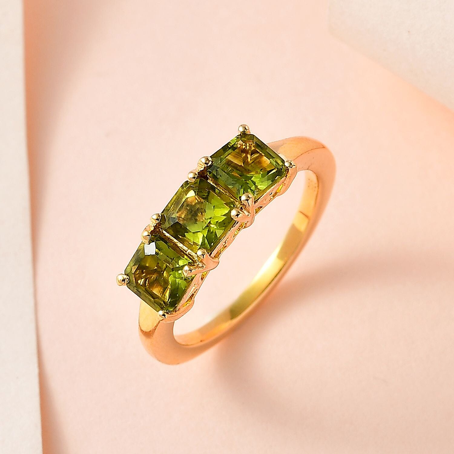 Peridot Arizona 3 Stone Ring in Yellow Gold Vermeil Plated Sterling Silver 2.11 Ct