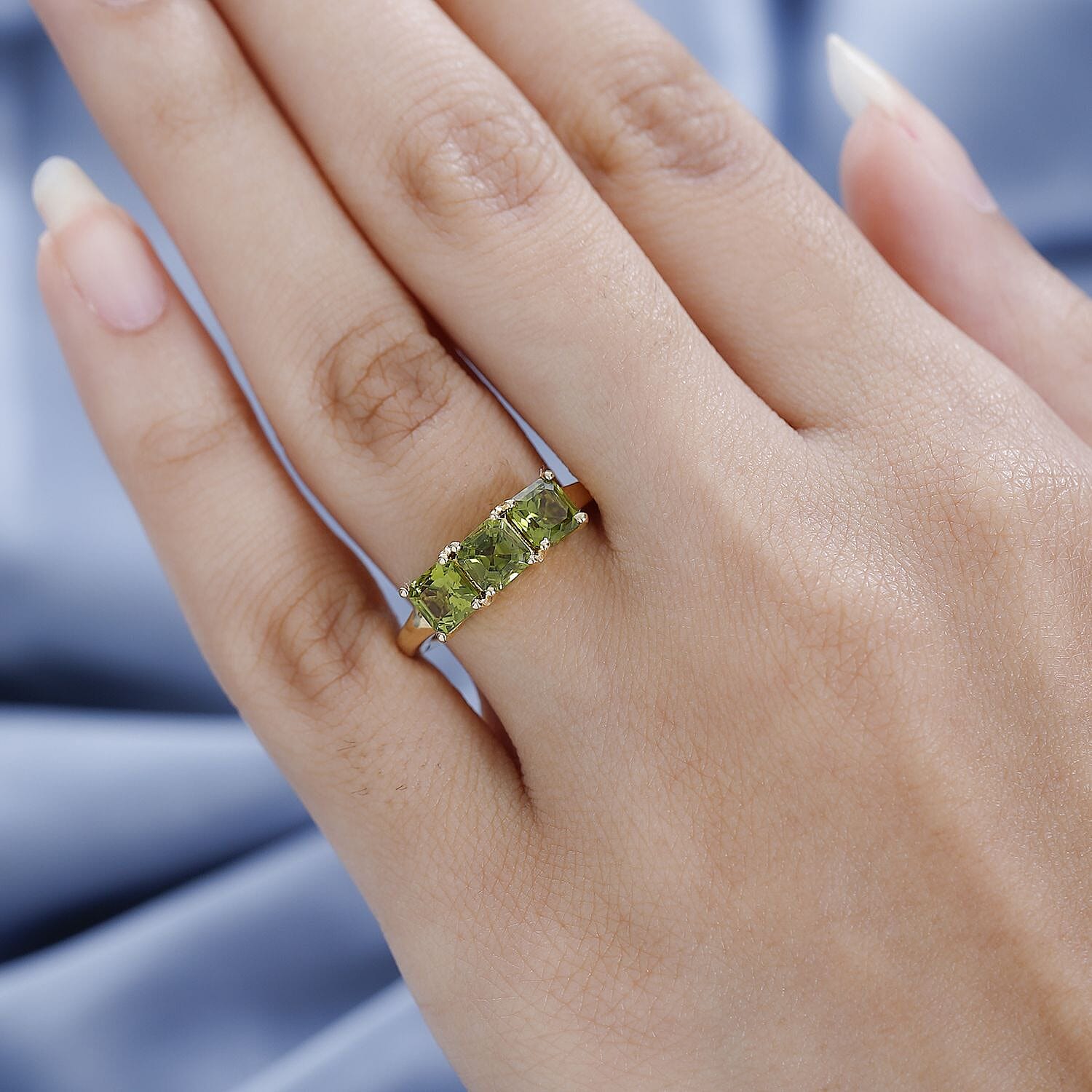 Peridot Arizona 3 Stone Ring in Yellow Gold Vermeil Plated Sterling Silver 2.11 Ct