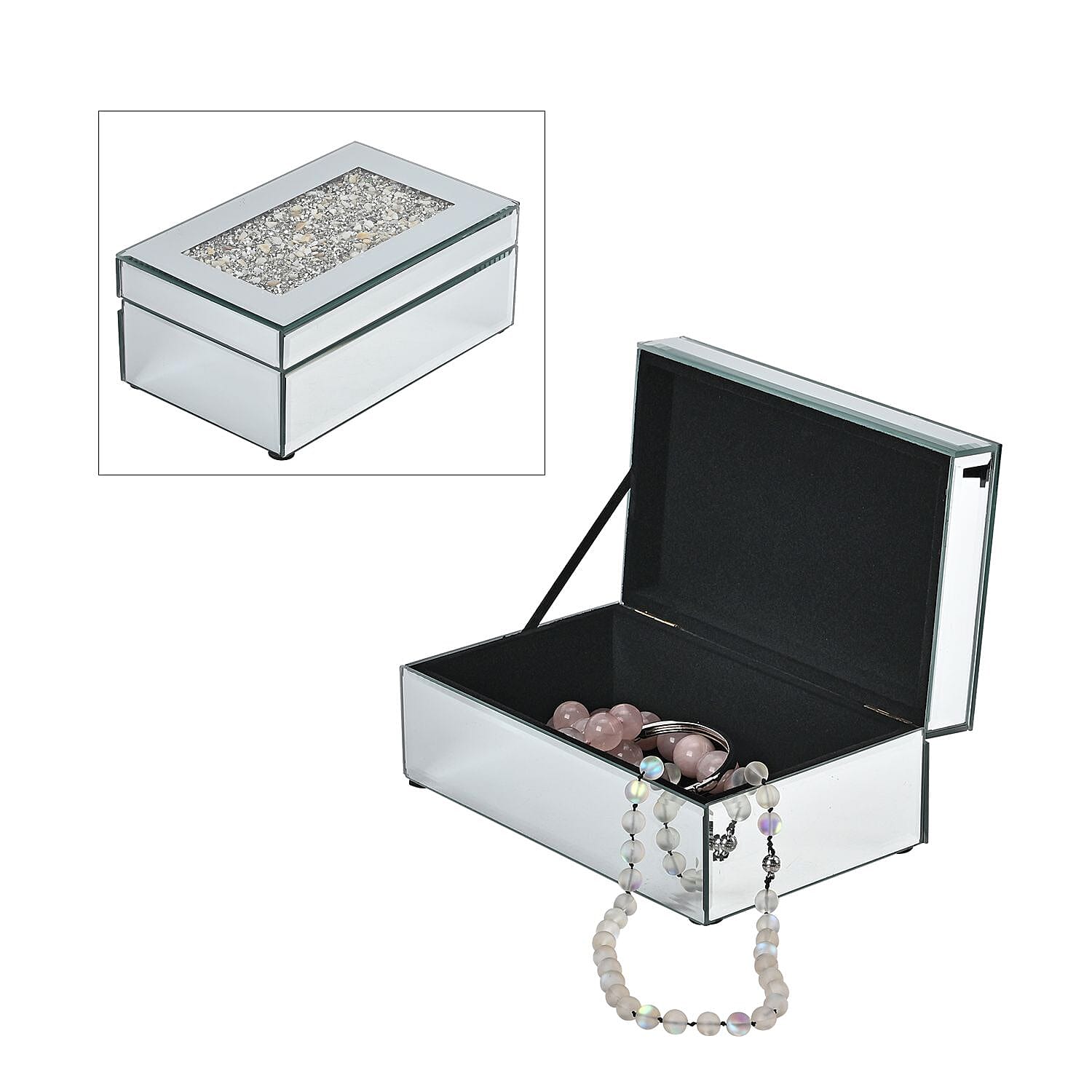 Mirrored Luxury Storage Box With Soft Velvet Inner Lining (Size 21x13x8 cm) - Silver & Cream