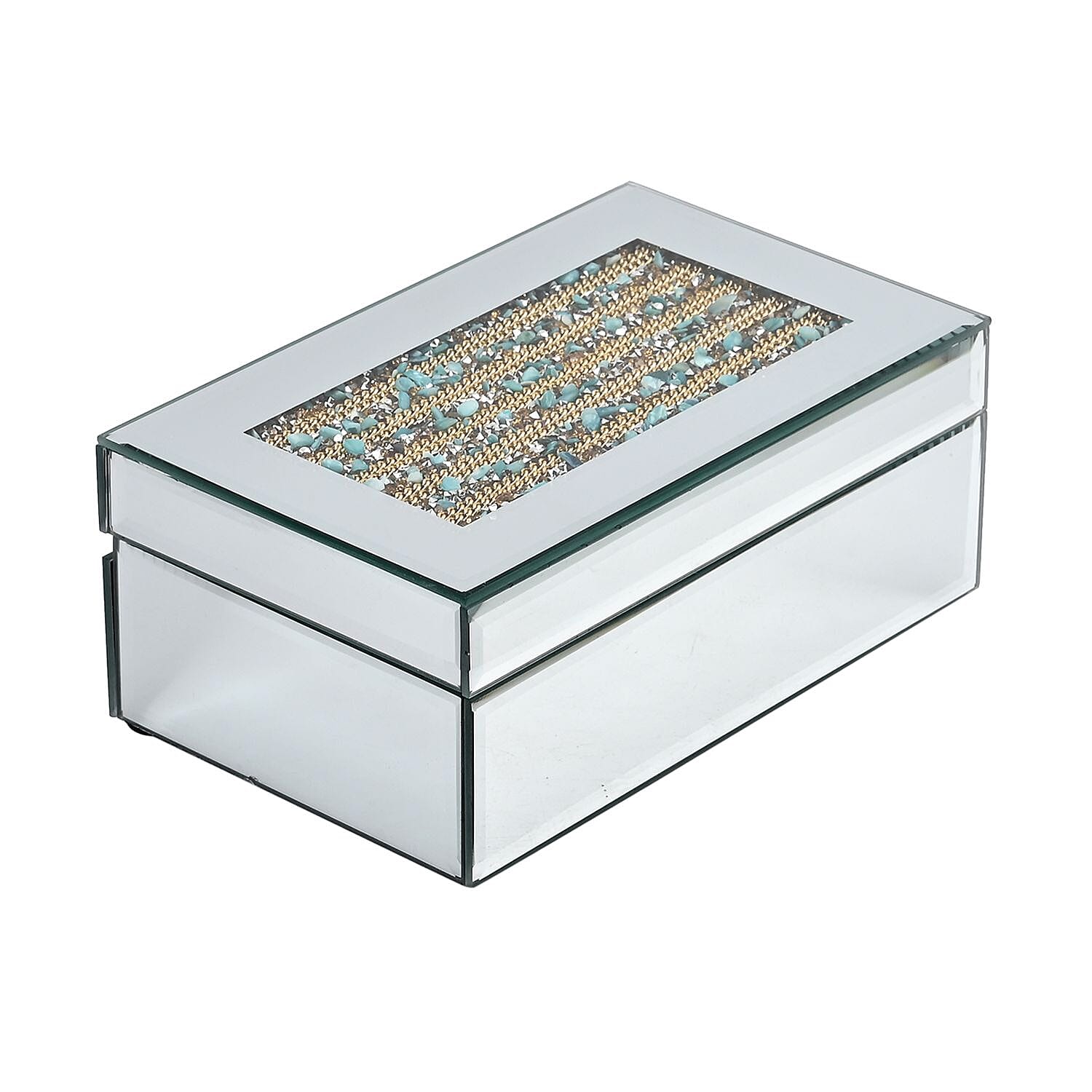 Mirrored Luxury Storage Box With Soft Velvet Inner Lining (Size 21x13x8 cm) - Gold & Blue