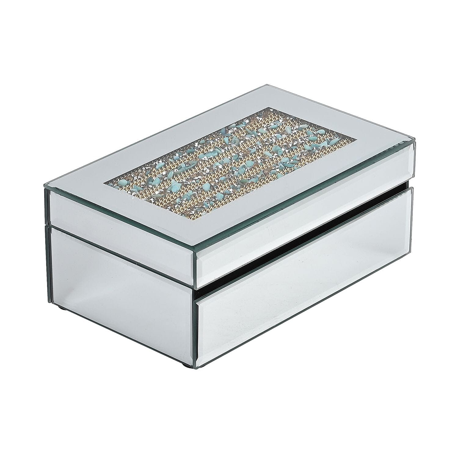 Mirrored Luxury Storage Box With Soft Velvet Inner Lining (Size 21x13x8 cm) - Gold & Blue