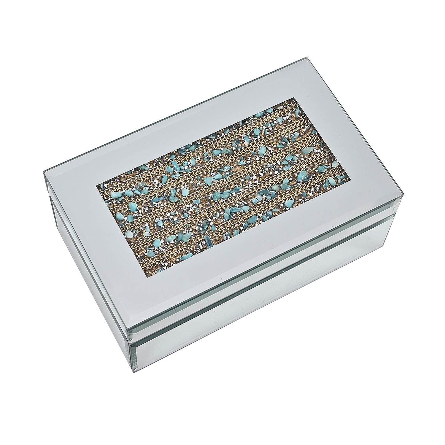 Mirrored Luxury Storage Box With Soft Velvet Inner Lining (Size 21x13x8 cm) - Gold & Blue