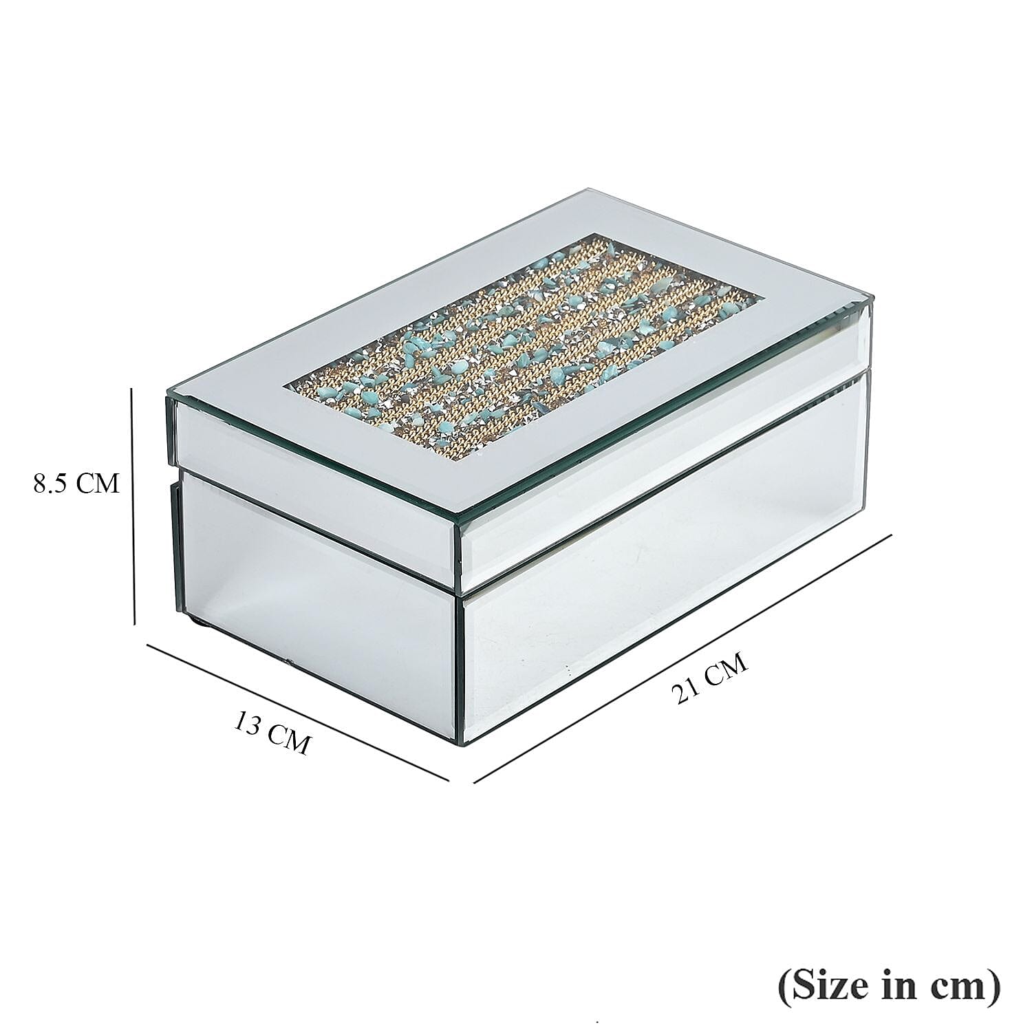 Mirrored Luxury Storage Box With Soft Velvet Inner Lining (Size 21x13x8 cm) - Gold & Blue