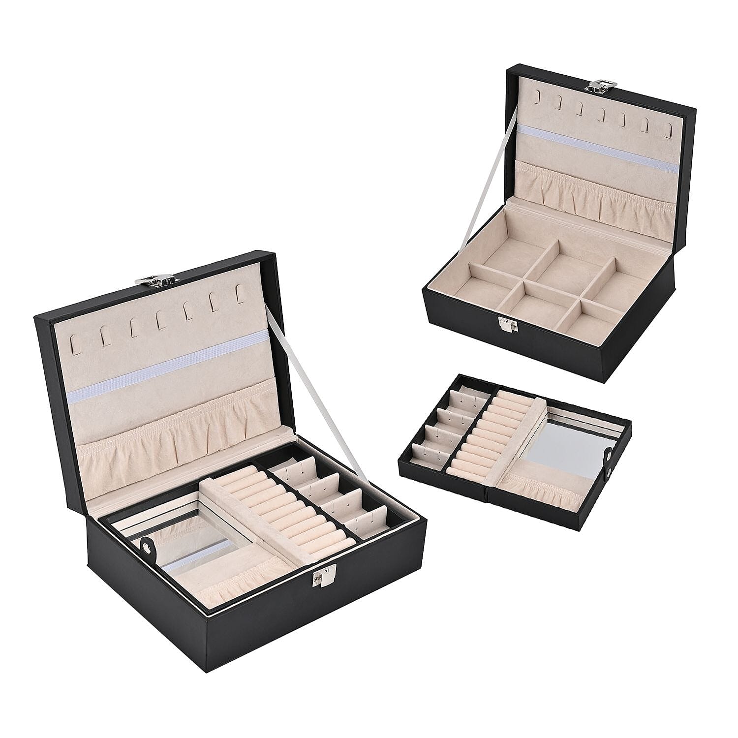 Set of 2 - Multi Purpose Two Tier Jewellery Box with Metal Lock - Black