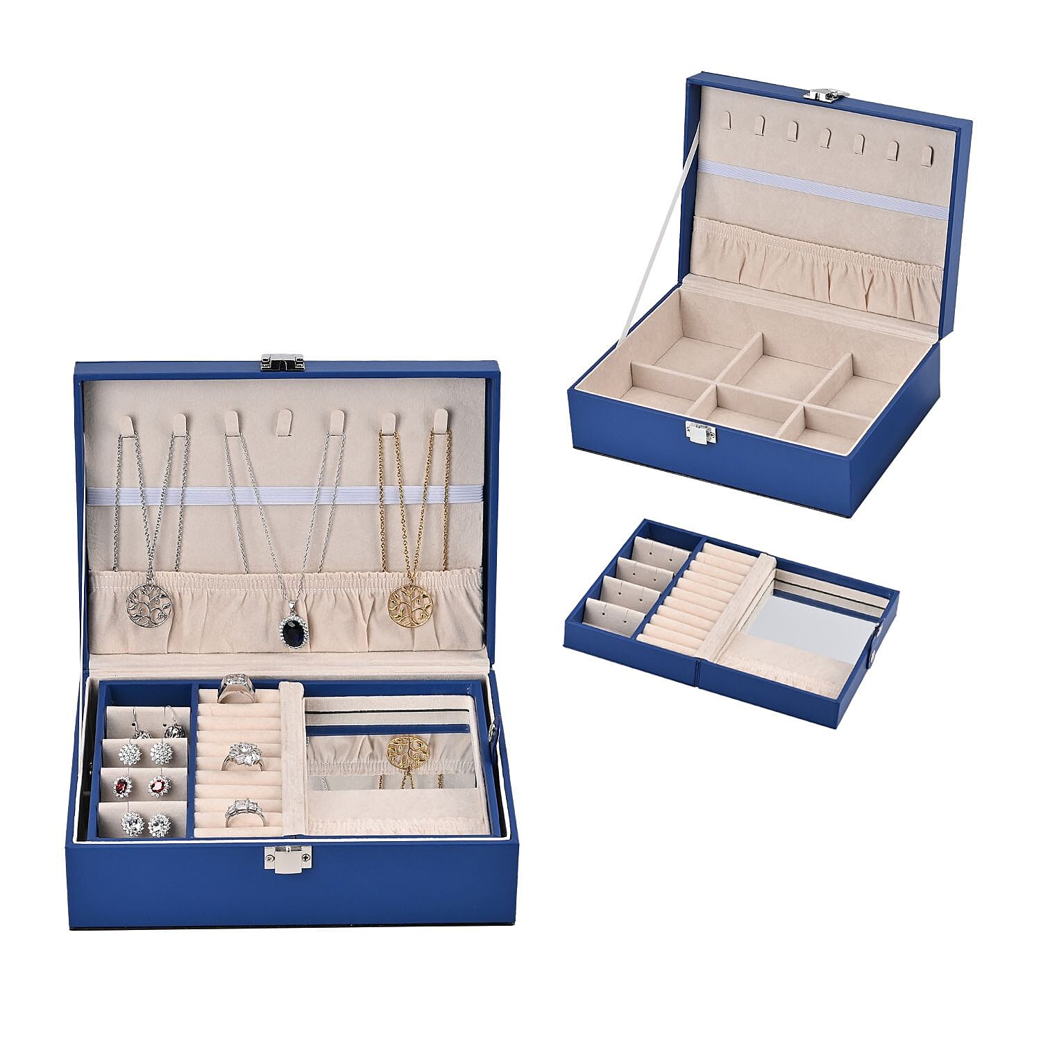 Set of 2 - Multi Purpose Two Tier Jewellery Box with Metal Lock (Size 23x17x8cm, 16x10x5cm) - Blue