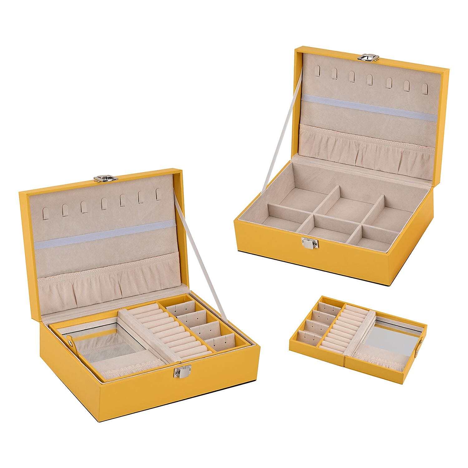 Set of 2 - Multi Purpose Two Tier Jewellery Box with Metal Lock (Size 23x17x8cm, 16x10x5cm) - Yellow