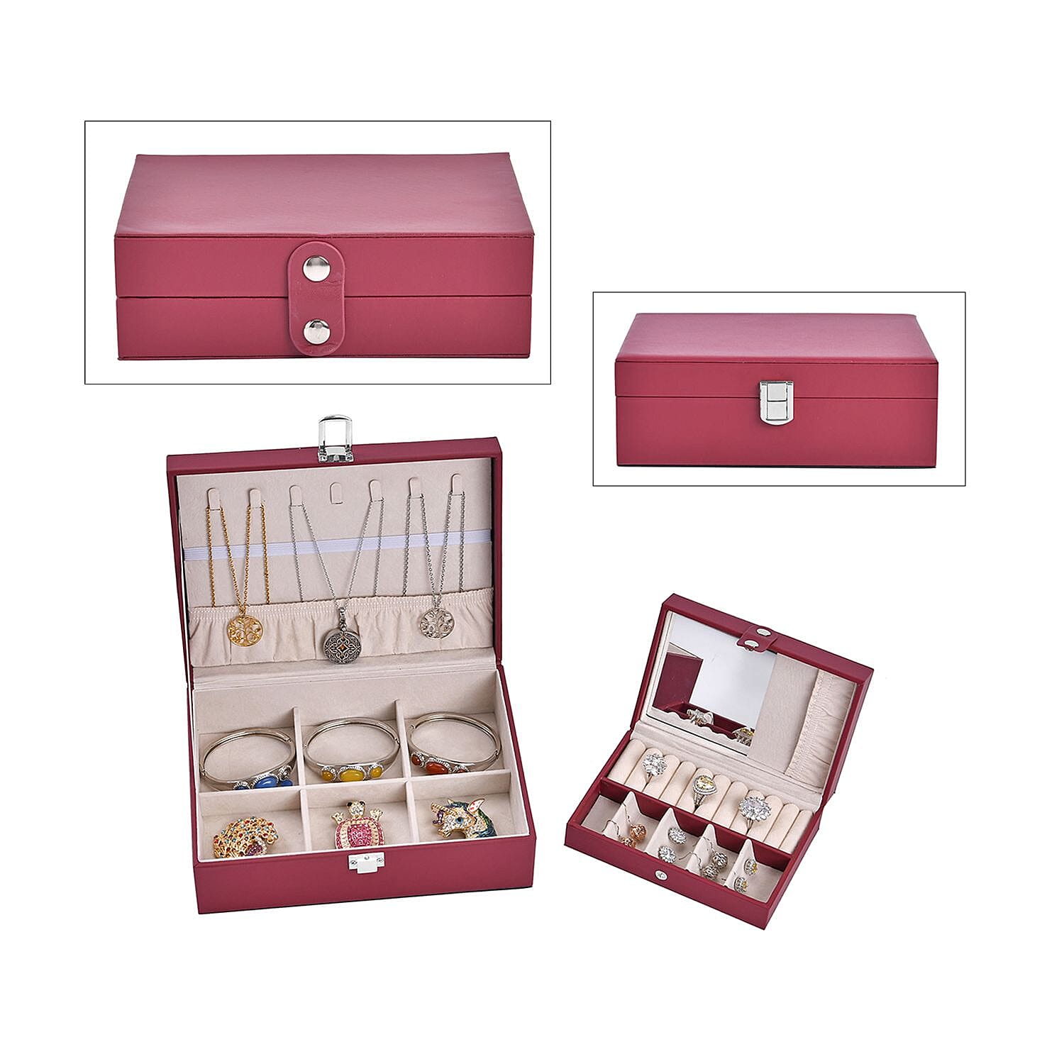 Set of 2 - Multi Purpose Two Tier Jewellery Box with Metal Lock (Size 23x17x8cm, 16x10x5cm) - Burgundy
