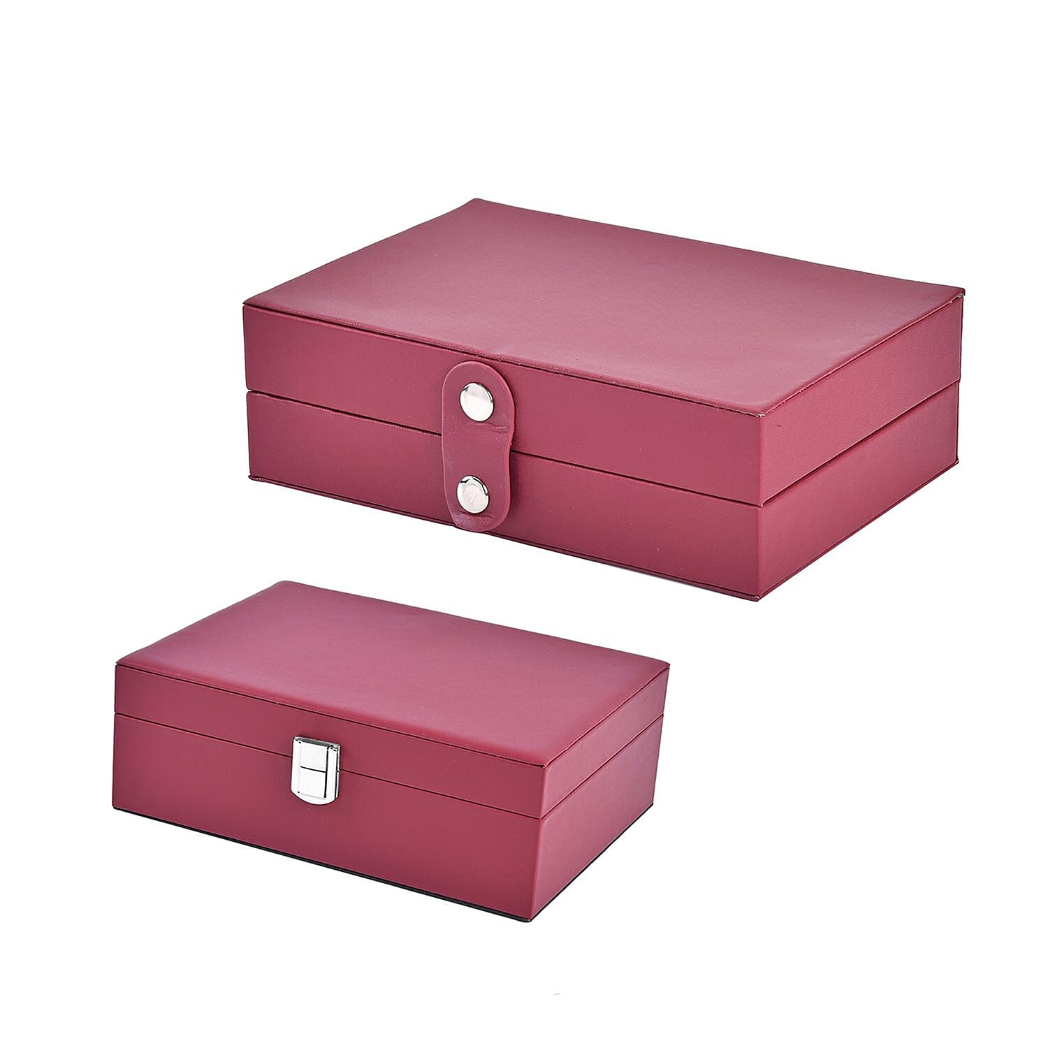 Set of 2 - Multi Purpose Two Tier Jewellery Box with Metal Lock (Size 23x17x8cm, 16x10x5cm) - Burgundy