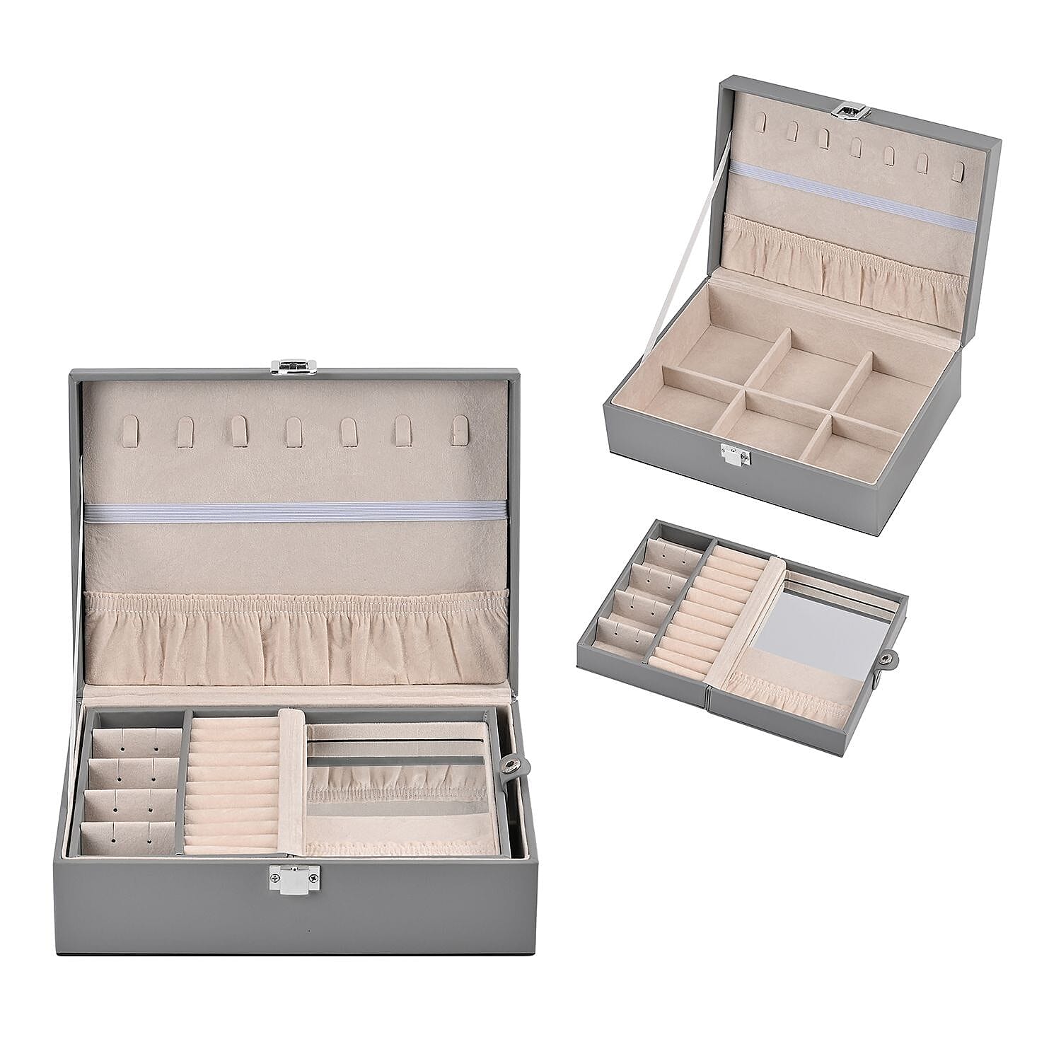 Set of 2 - Multi Purpose Two Tier Jewellery Box with Metal Lock (Size 23x17x8cm, 16x10x5cm) - Grey