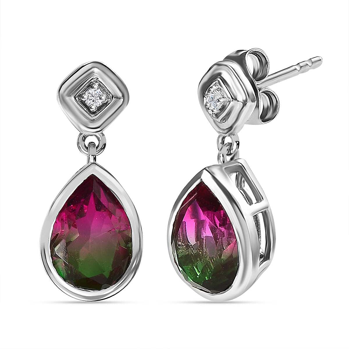 Watermelon Colour Tourmaline Quartz and Natural Zircon Dangle Earrings in Platinum Overlay Sterling Silver 4.23 Ct.