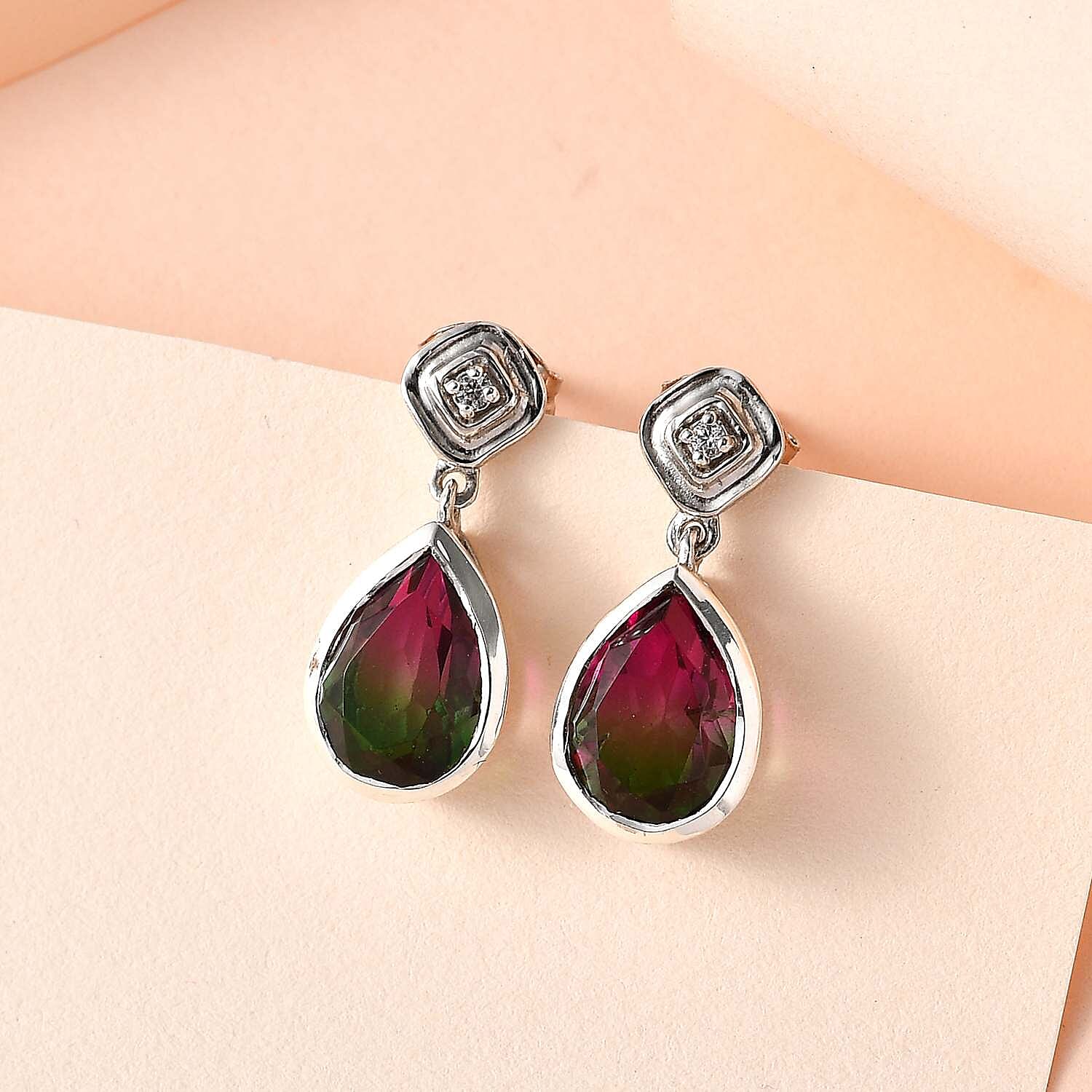 Watermelon Colour Tourmaline Quartz and Natural Zircon Dangle Earrings in Platinum Overlay Sterling Silver 4.23 Ct.