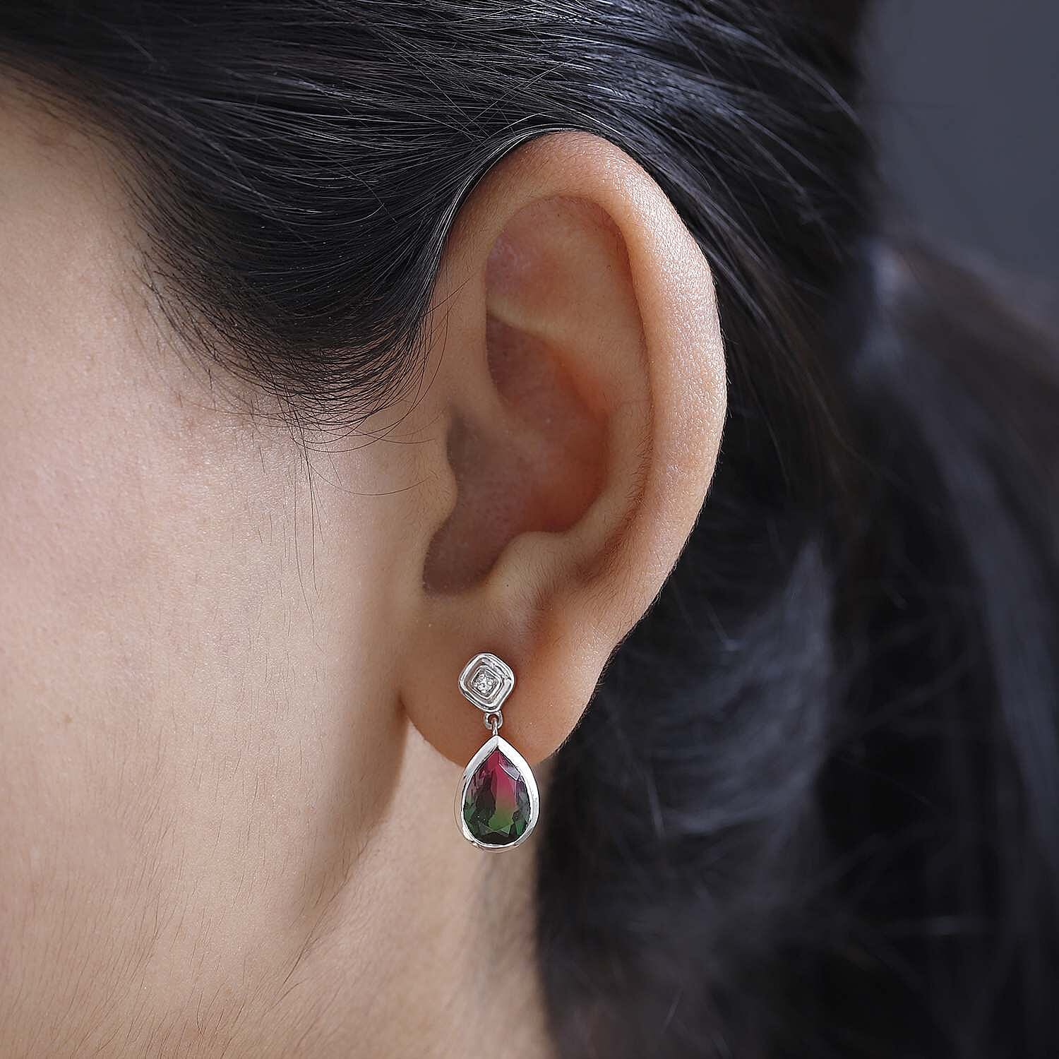 Watermelon Colour Tourmaline Quartz and Natural Zircon Dangle Earrings in Platinum Overlay Sterling Silver 4.23 Ct.
